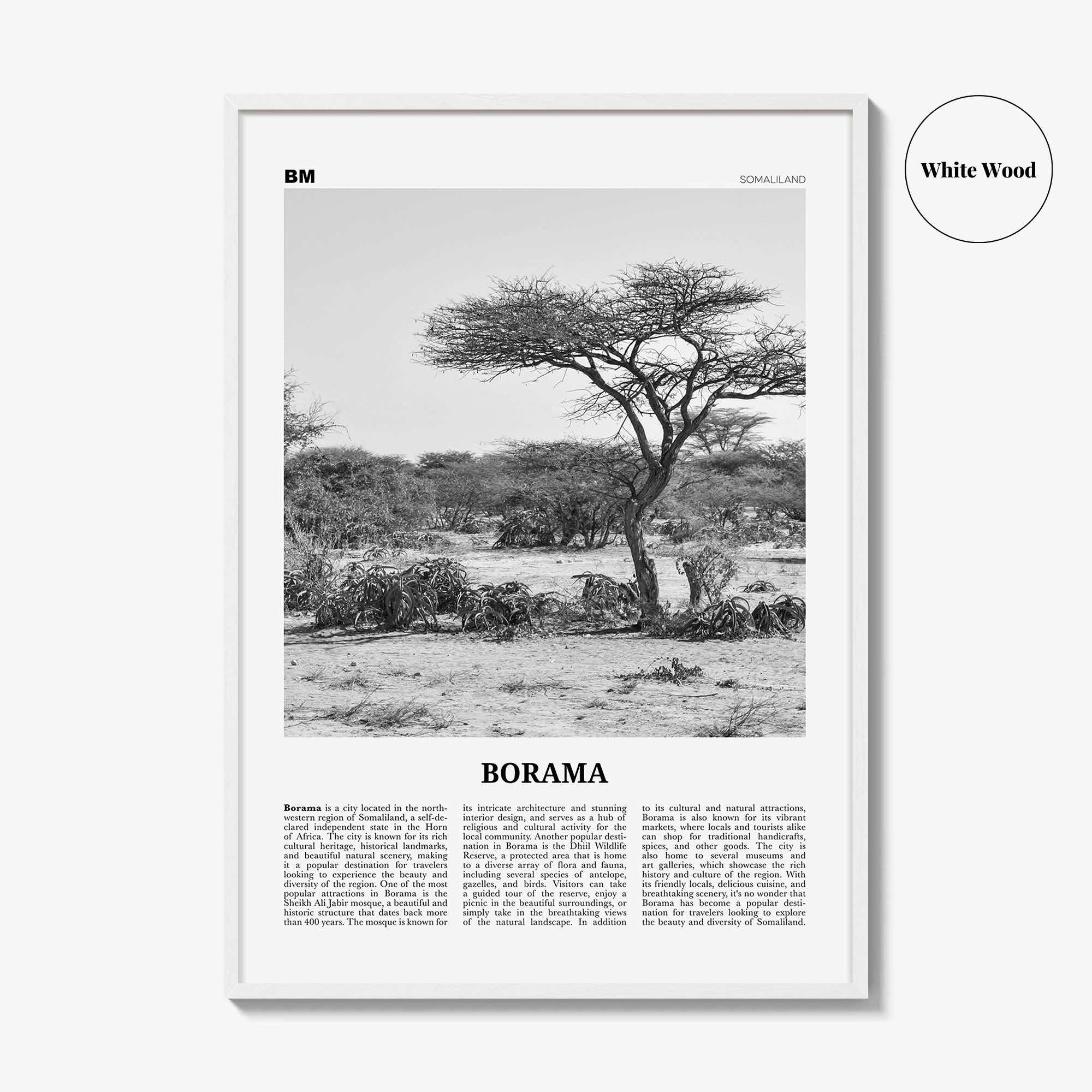 Borama Print Black and White, Borama Wall Art, Borama Poster, Borama Photo, Borama Wall Décor, Borama Map, Somalia