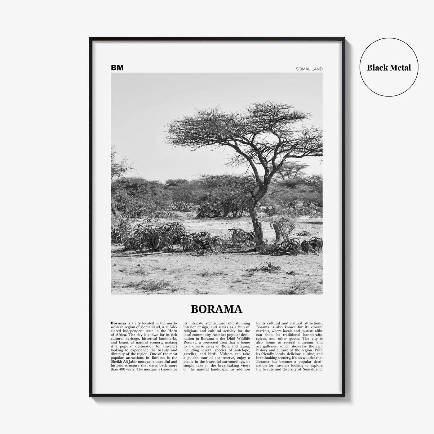 Borama Print Black and White, Borama Wall Art, Borama Poster, Borama Photo, Borama Wall Décor, Borama Map, Somalia