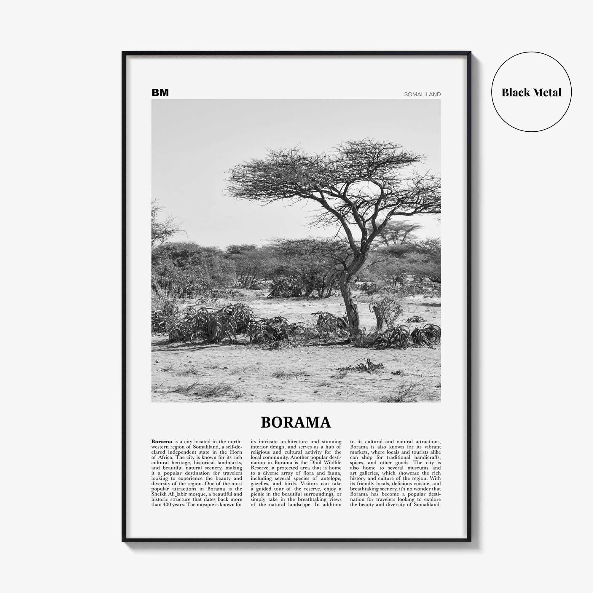 Borama Print Black and White, Borama Wall Art, Borama Poster, Borama Photo, Borama Wall Décor, Borama Map, Somalia