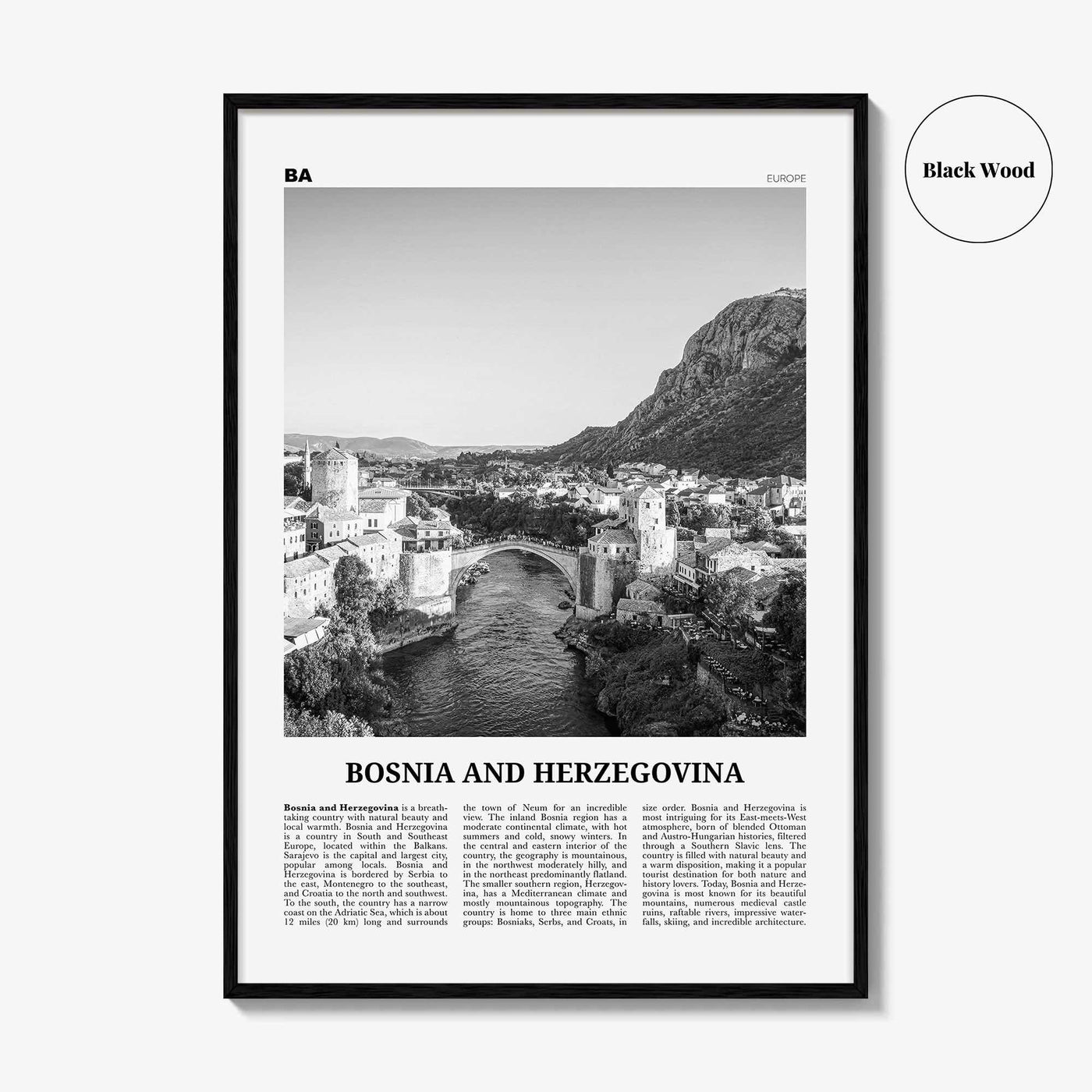 Bosnia and Herzegovina Print Black and White, Bosnia and Herzegovina Art, BiH, B&H, Bosna i Hercegovina, Босна и Херцеговина, Balkan, Europe