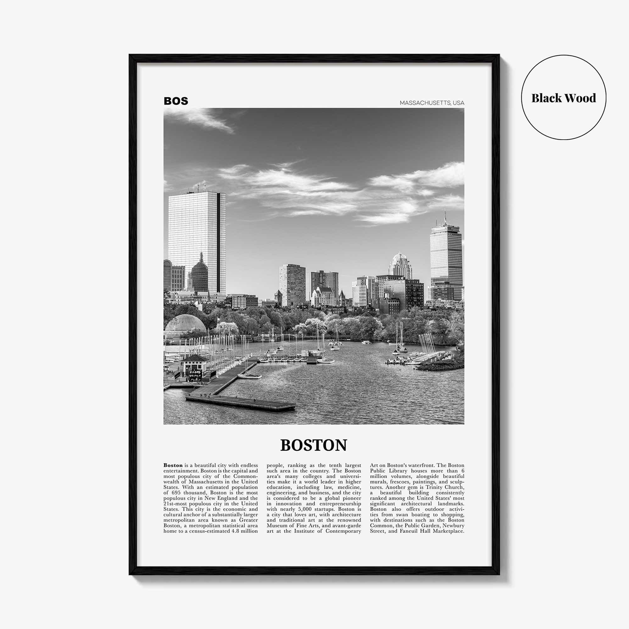 Boston Print Black and White No 2, Boston Wall Art, Boston Poster, Boston Photo, Boston Wall Décor, Boston Map, Massachusetts, USA