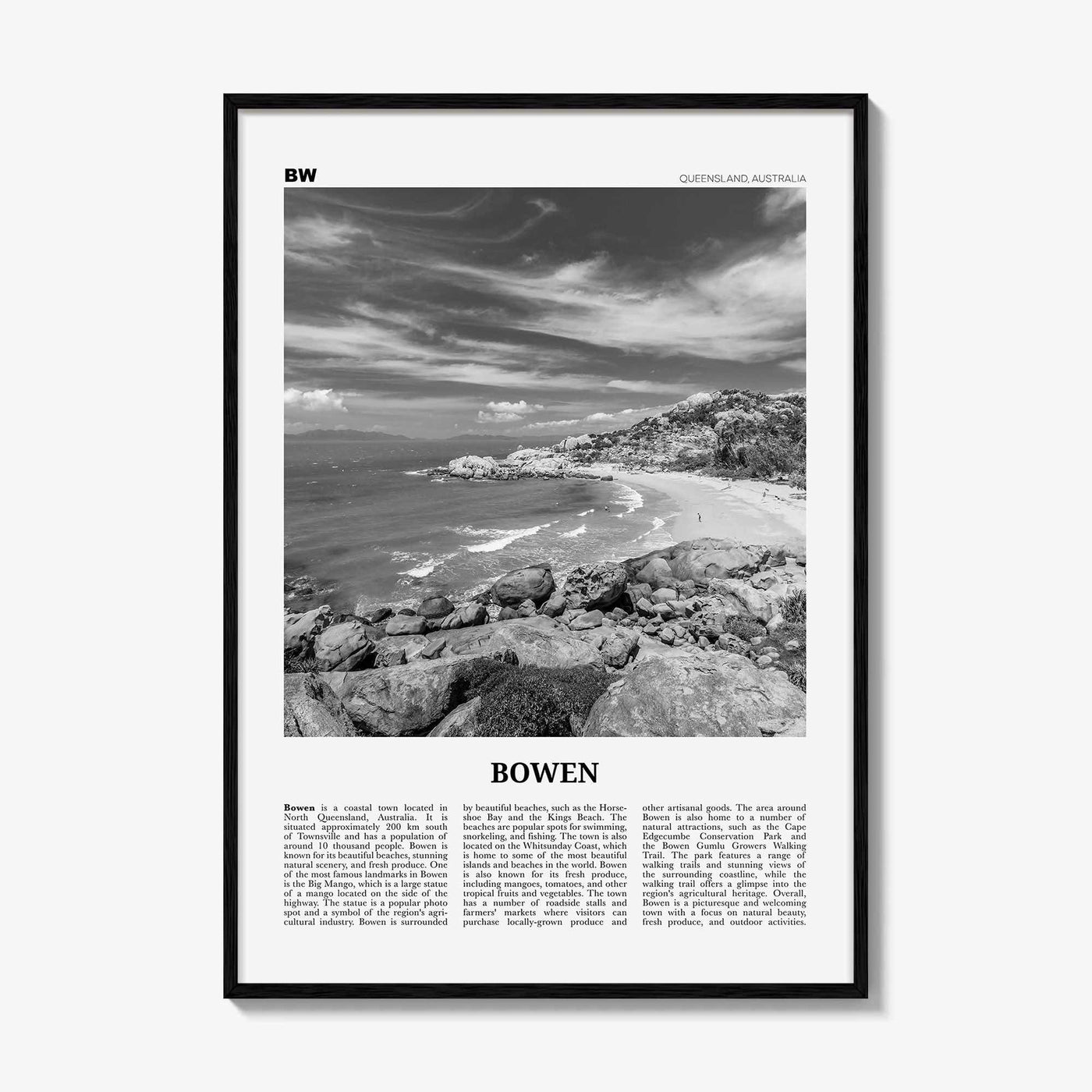 Bowen Print Black and White, Bowen Wall Art, Bowen Poster, Bowen Photo, Bowen Wall Décor, Bowen Map, Australia