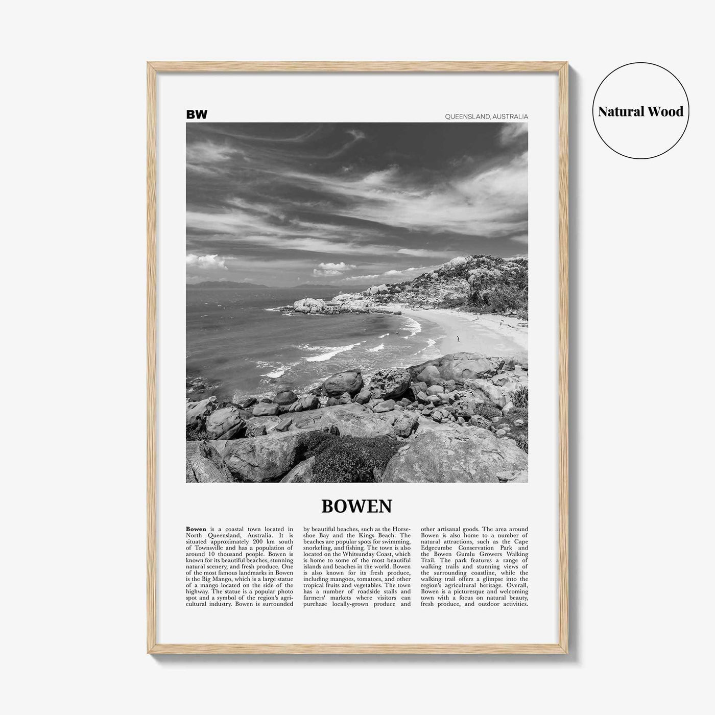 Bowen Print Black and White, Bowen Wall Art, Bowen Poster, Bowen Photo, Bowen Wall Décor, Bowen Map, Australia