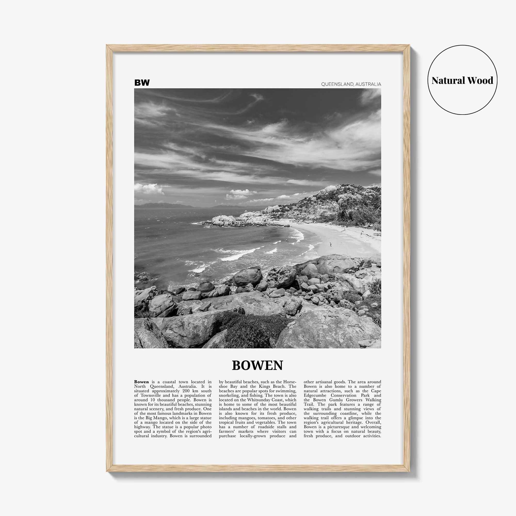 Bowen Print Black and White, Bowen Wall Art, Bowen Poster, Bowen Photo, Bowen Wall Décor, Bowen Map, Australia