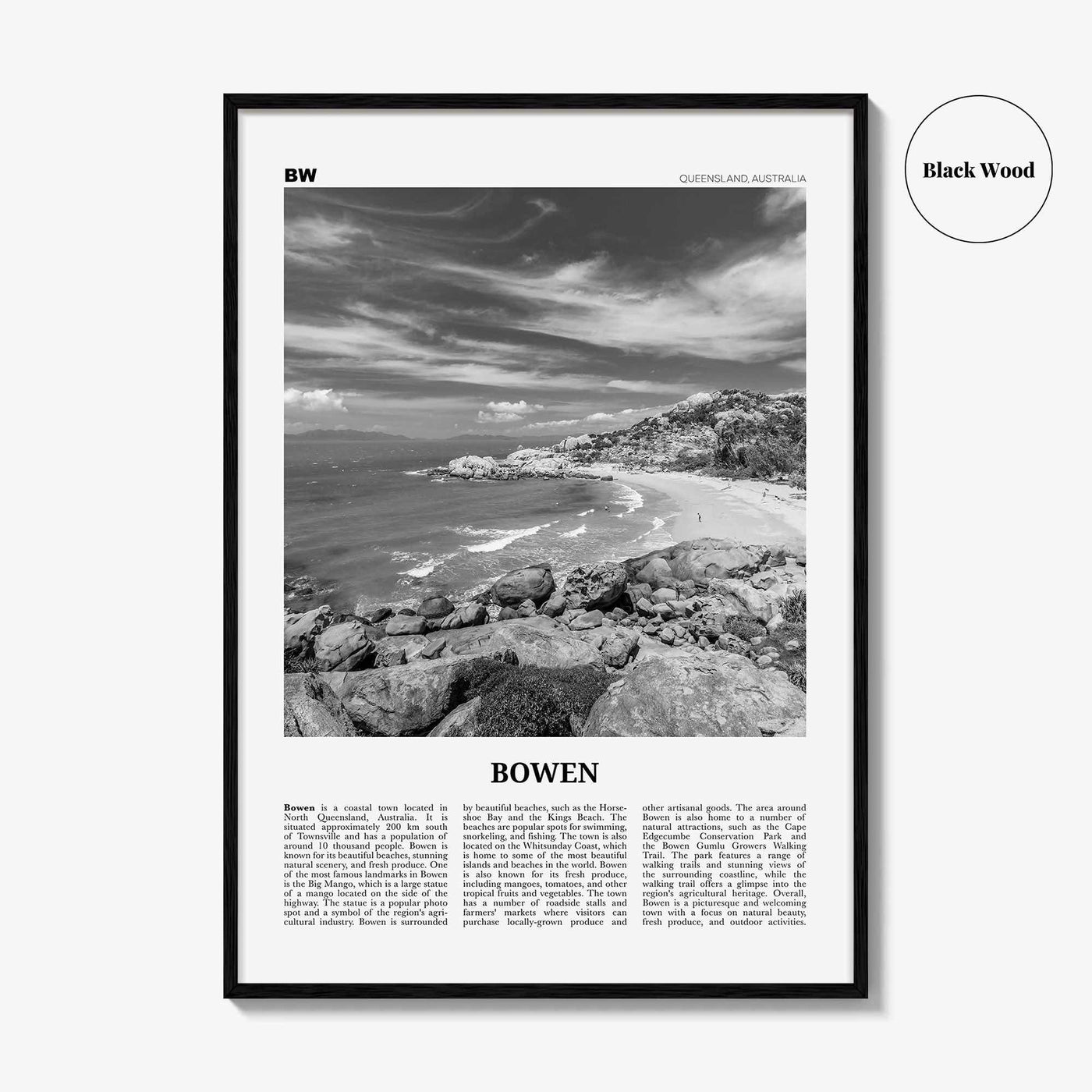 Bowen Print Black and White, Bowen Wall Art, Bowen Poster, Bowen Photo, Bowen Wall Décor, Bowen Map, Australia
