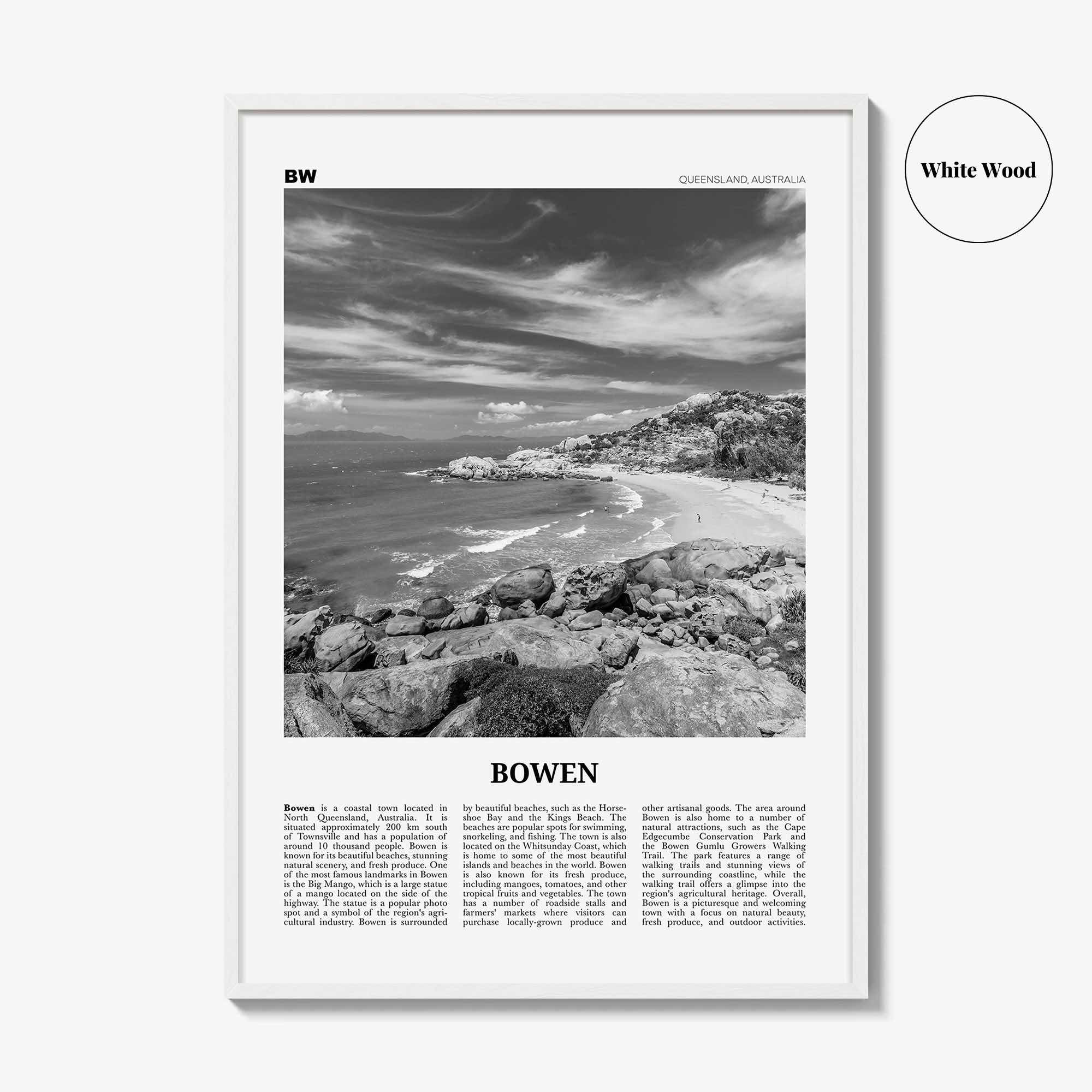 Bowen Print Black and White, Bowen Wall Art, Bowen Poster, Bowen Photo, Bowen Wall Décor, Bowen Map, Australia