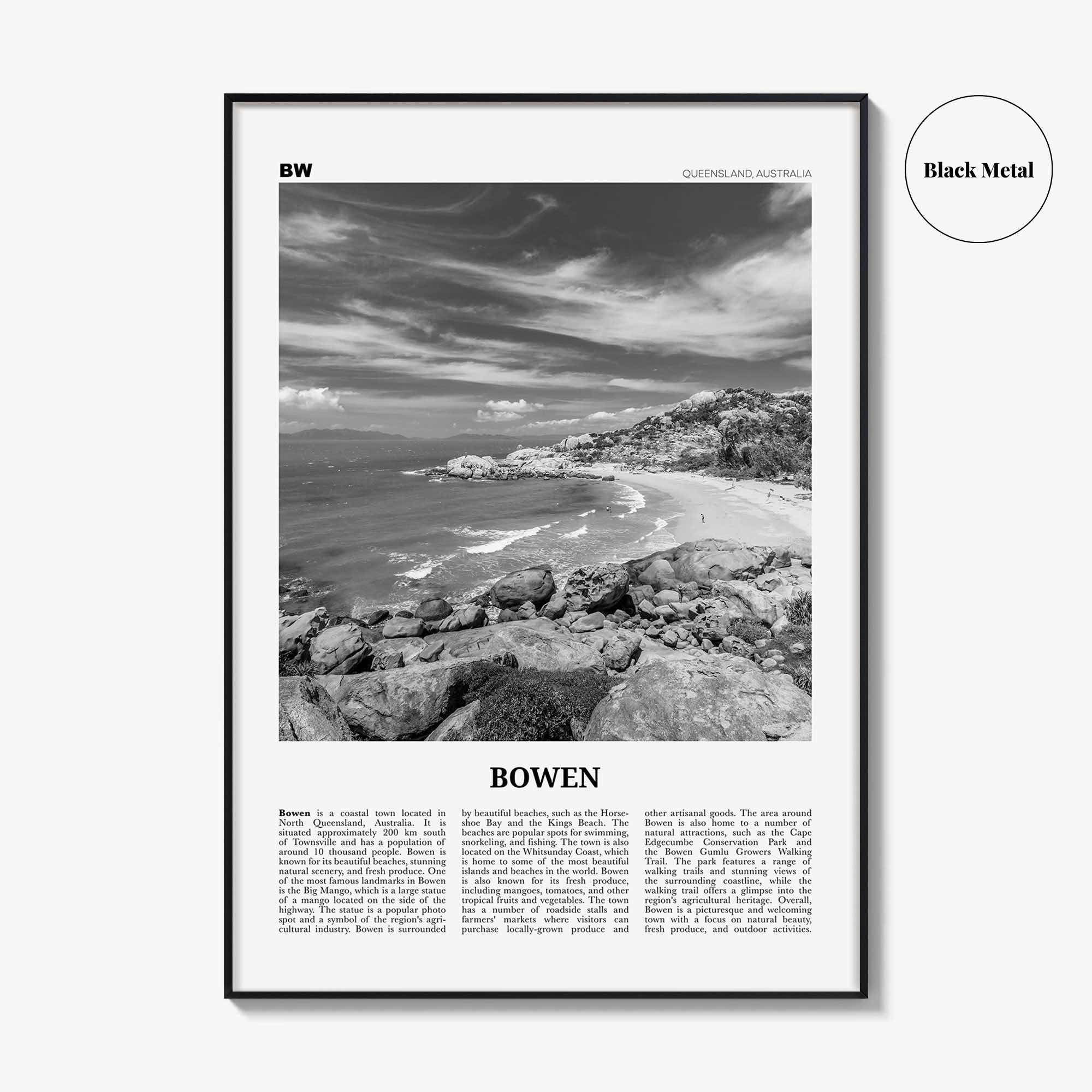 Bowen Print Black and White, Bowen Wall Art, Bowen Poster, Bowen Photo, Bowen Wall Décor, Bowen Map, Australia