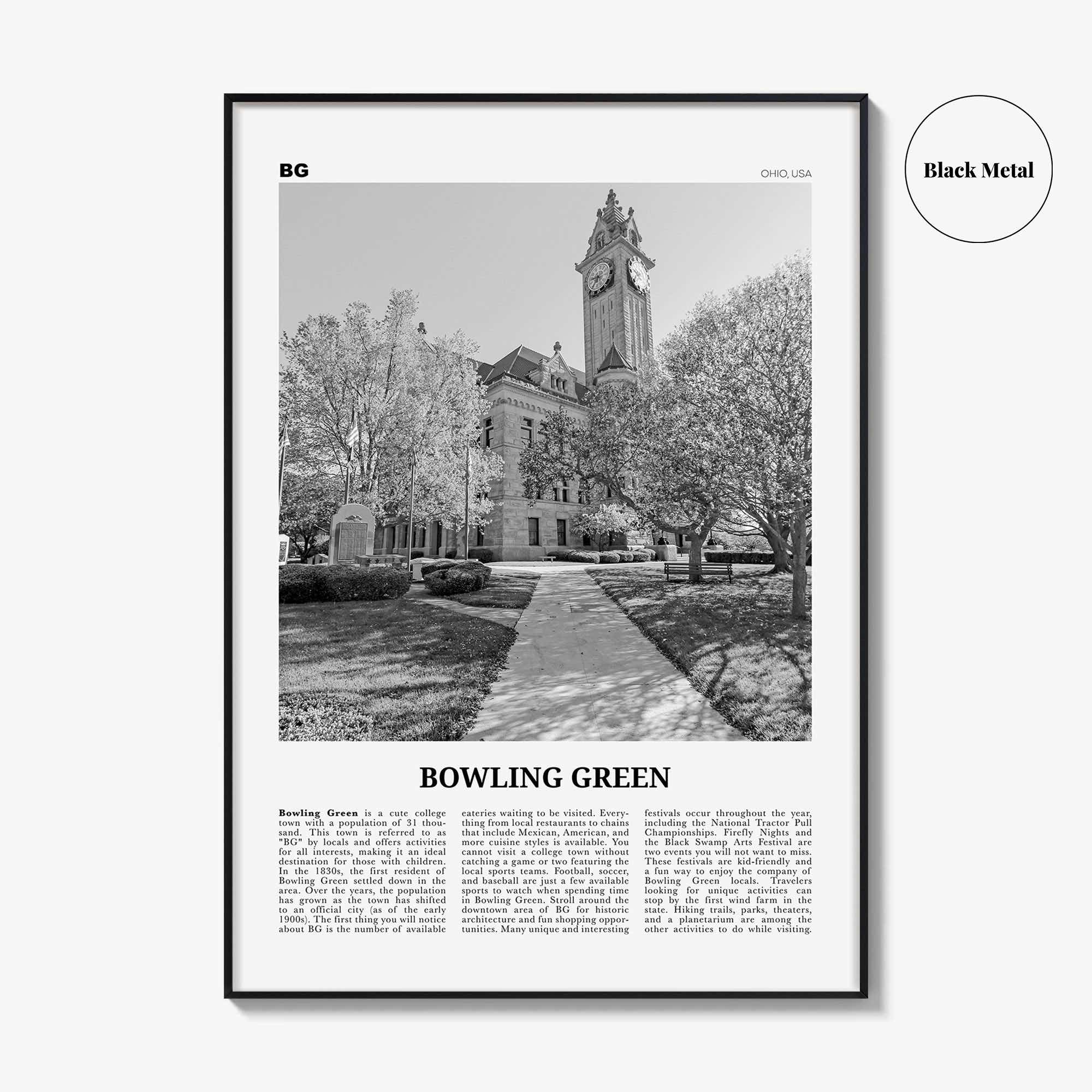 Bowling Green Print Black and White Ohio, Bowling Green Wall Art, Bowling Green Poster, Bowling Green Photo, Bowling Green Map, Ohio