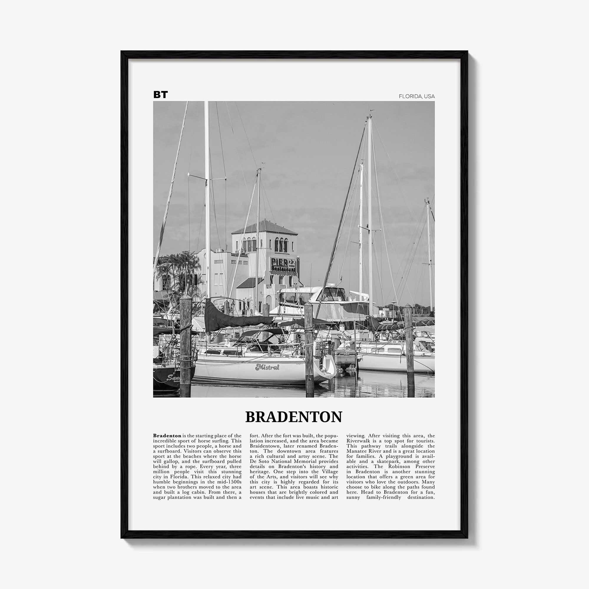Bradenton Print Black and White, Bradenton Wall Art, Bradenton Poster, Bradenton Photo, Bradenton Wall Décor, Bradenton Map, Florida, USA
