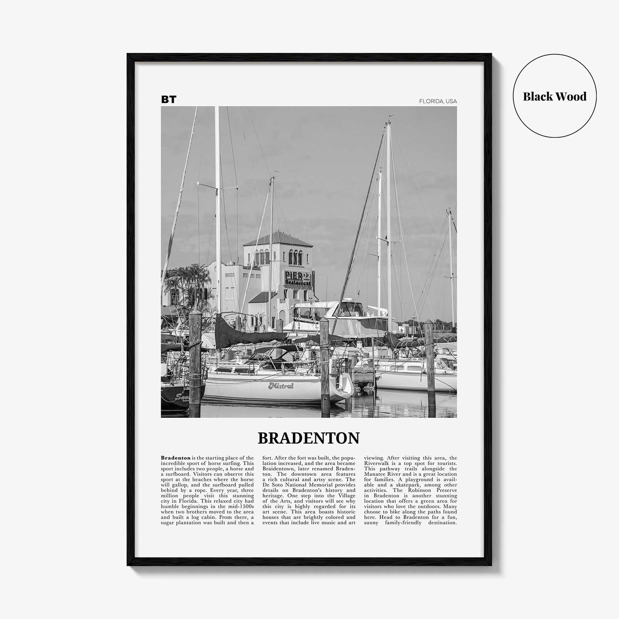 Bradenton Print Black and White, Bradenton Wall Art, Bradenton Poster, Bradenton Photo, Bradenton Wall Décor, Bradenton Map, Florida, USA