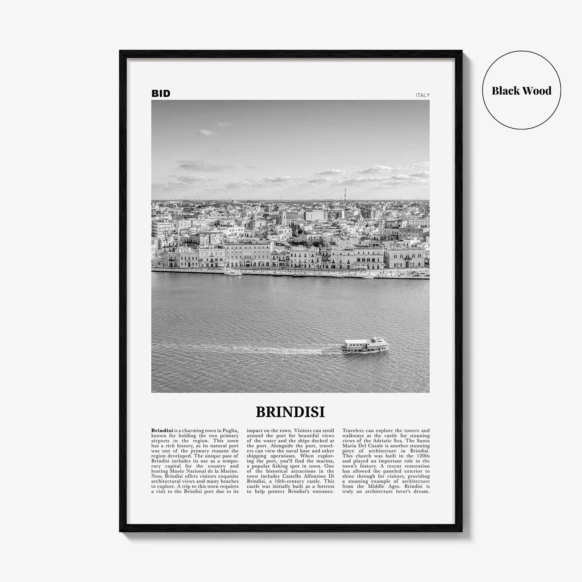 Brindisi Print Black and White, Brindisi Wall Art, Brindisi Poster, Brindisi Photo, Brindisi Wall Décor, Brindisi Map, Italy