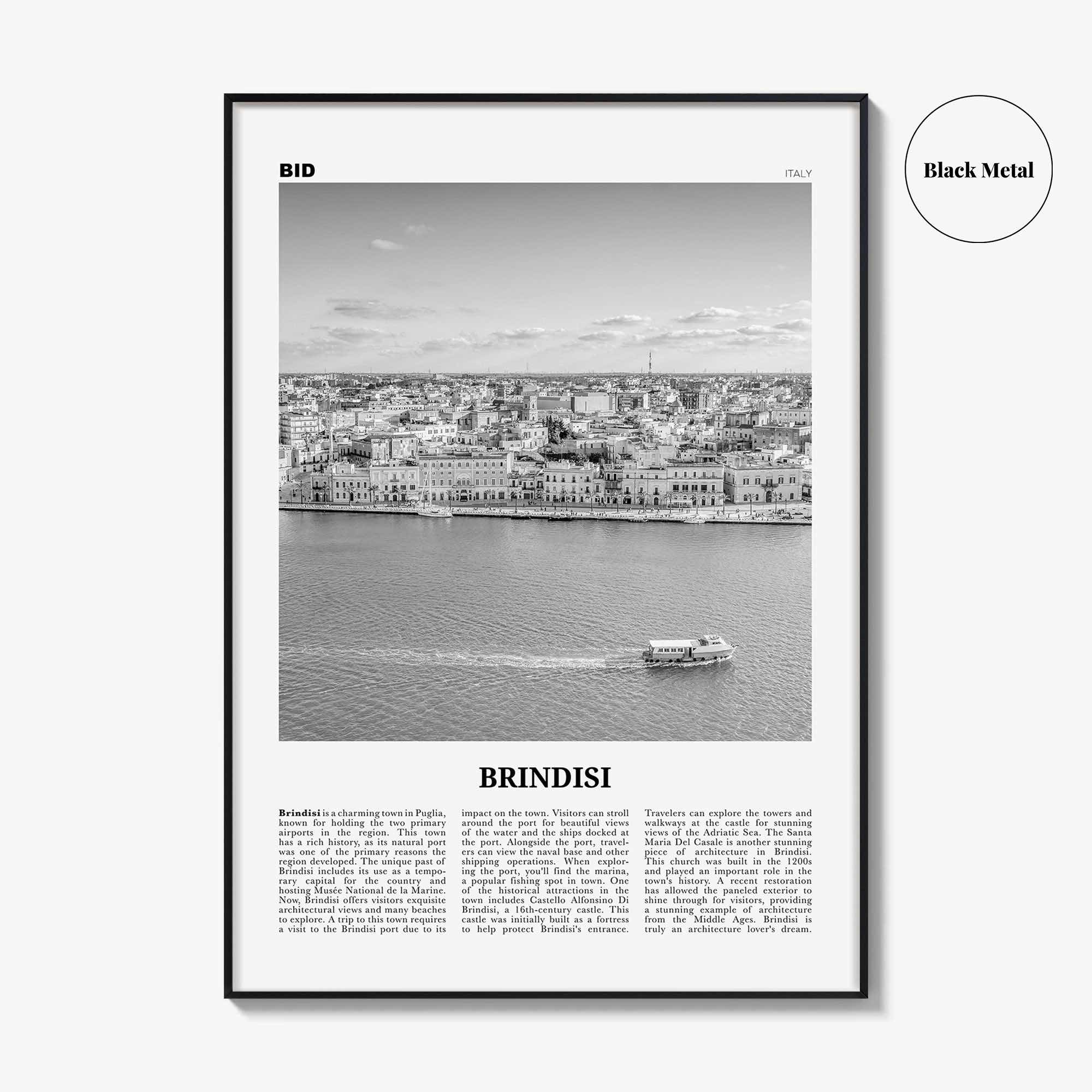 Brindisi Print Black and White, Brindisi Wall Art, Brindisi Poster, Brindisi Photo, Brindisi Wall Décor, Brindisi Map, Italy