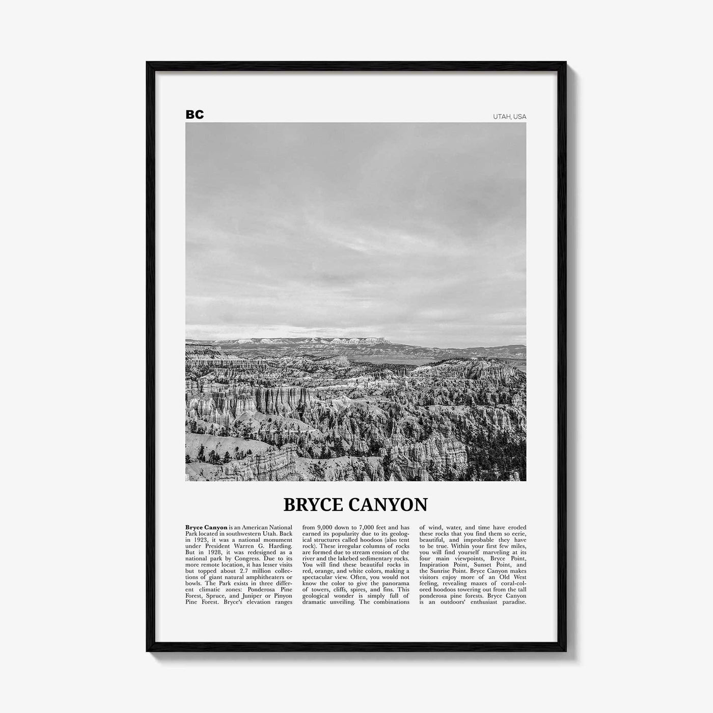 Bryce Canyon National Park Print Black and White, Bryce Canyon Wall Art, Bryce Canyon Poster, Bryce Canyon Photo, Utah, USA, United States