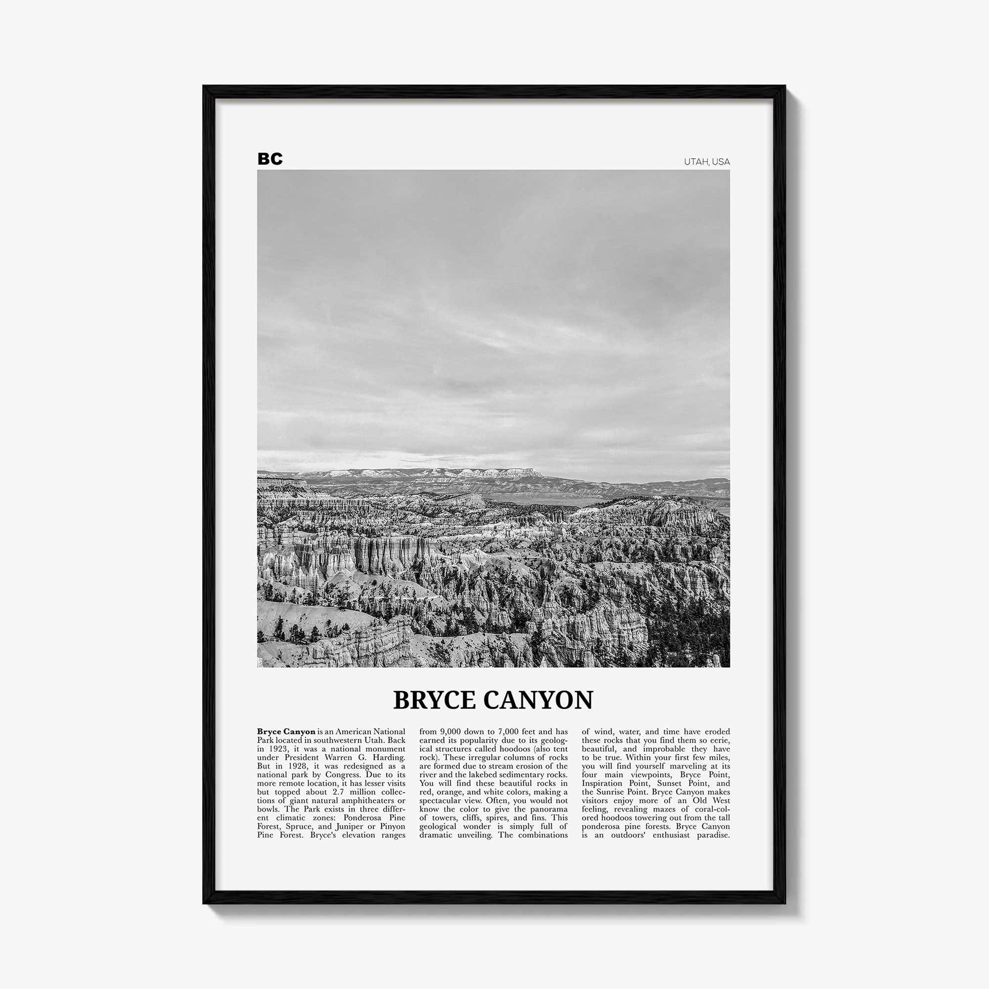 Bryce Canyon National Park Print Black and White, Bryce Canyon Wall Art, Bryce Canyon Poster, Bryce Canyon Photo, Utah, USA, United States