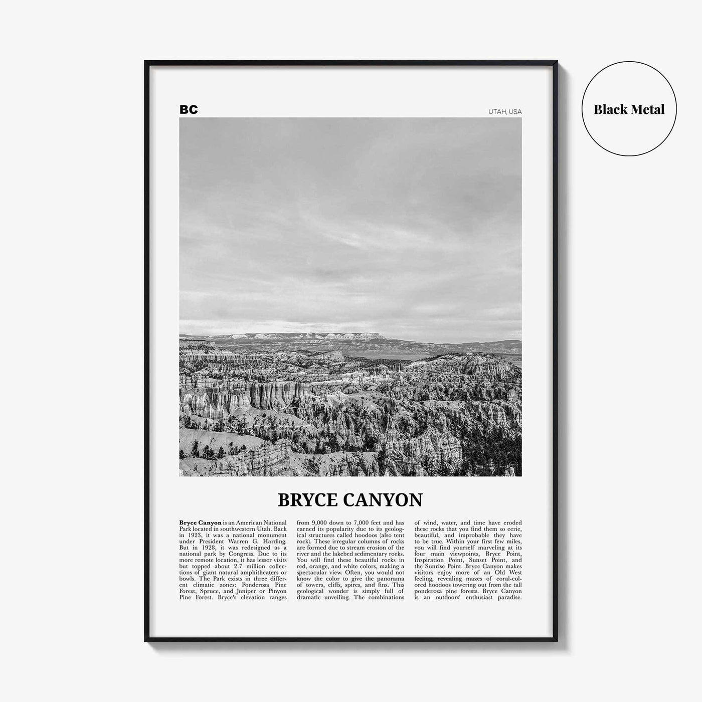 Bryce Canyon National Park Print Black and White, Bryce Canyon Wall Art, Bryce Canyon Poster, Bryce Canyon Photo, Utah, USA, United States