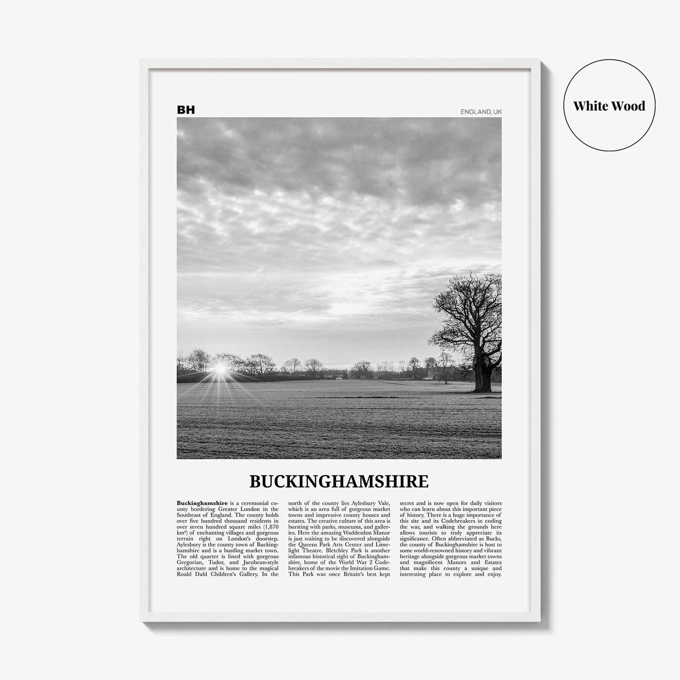 Buckinghamshire Print Black and White, Buckinghamshire Wall Art, Buckinghamshire Poster, Buckinghamshire Photo, Buckinghamshire Map, England