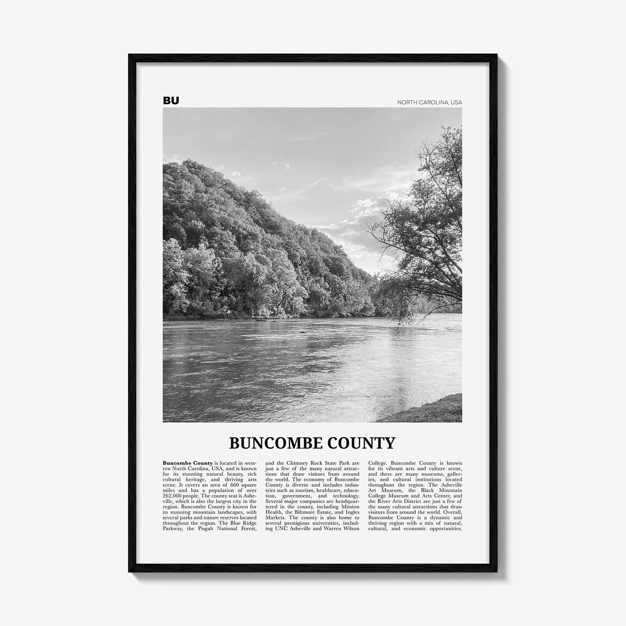 Buncombe County Print Black and White, Buncombe County Wall Art, Buncombe County Poster, Buncombe Photo, Buncombe Wall Décor, Buncombe Map