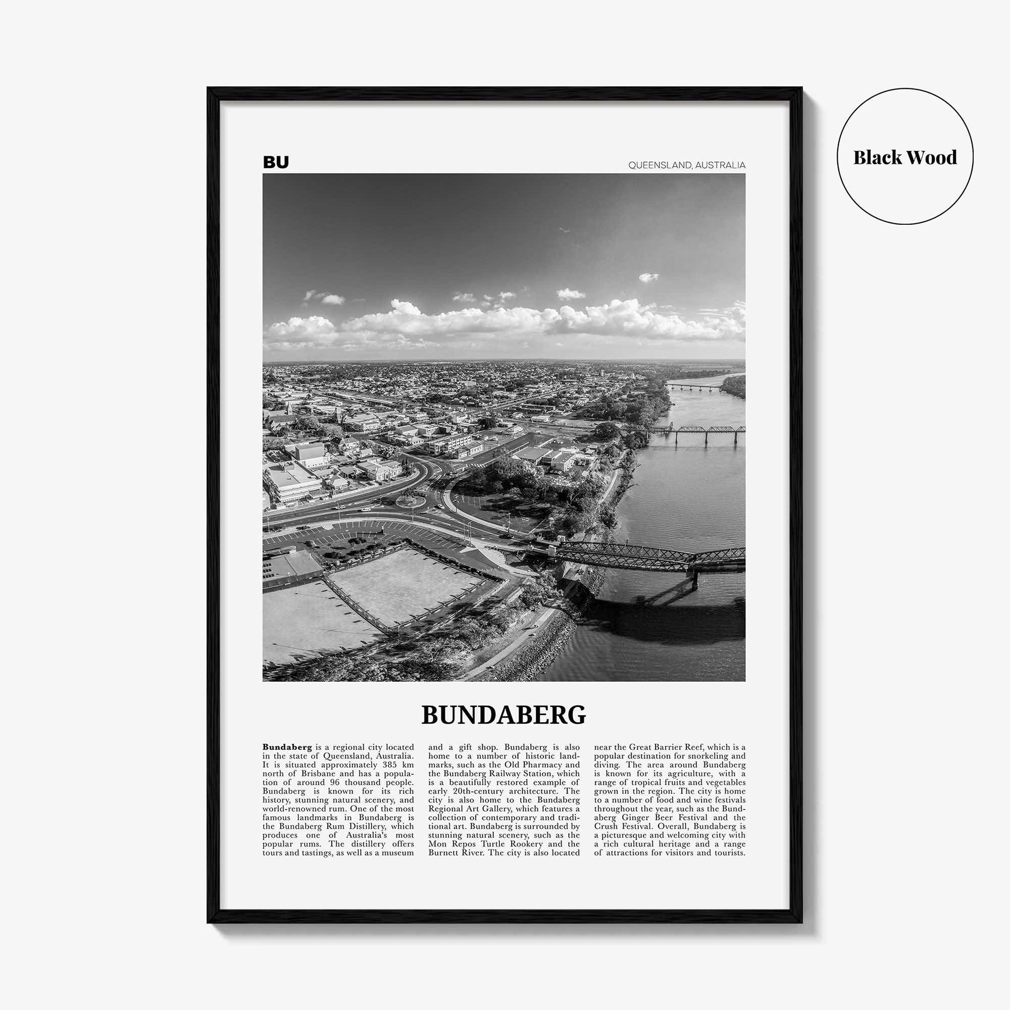 Bundaberg Print Black and White, Bundaberg Wall Art, Bundaberg Poster, Bundaberg Photo, Bundaberg Wall Décor, Bundaberg Map, Australia
