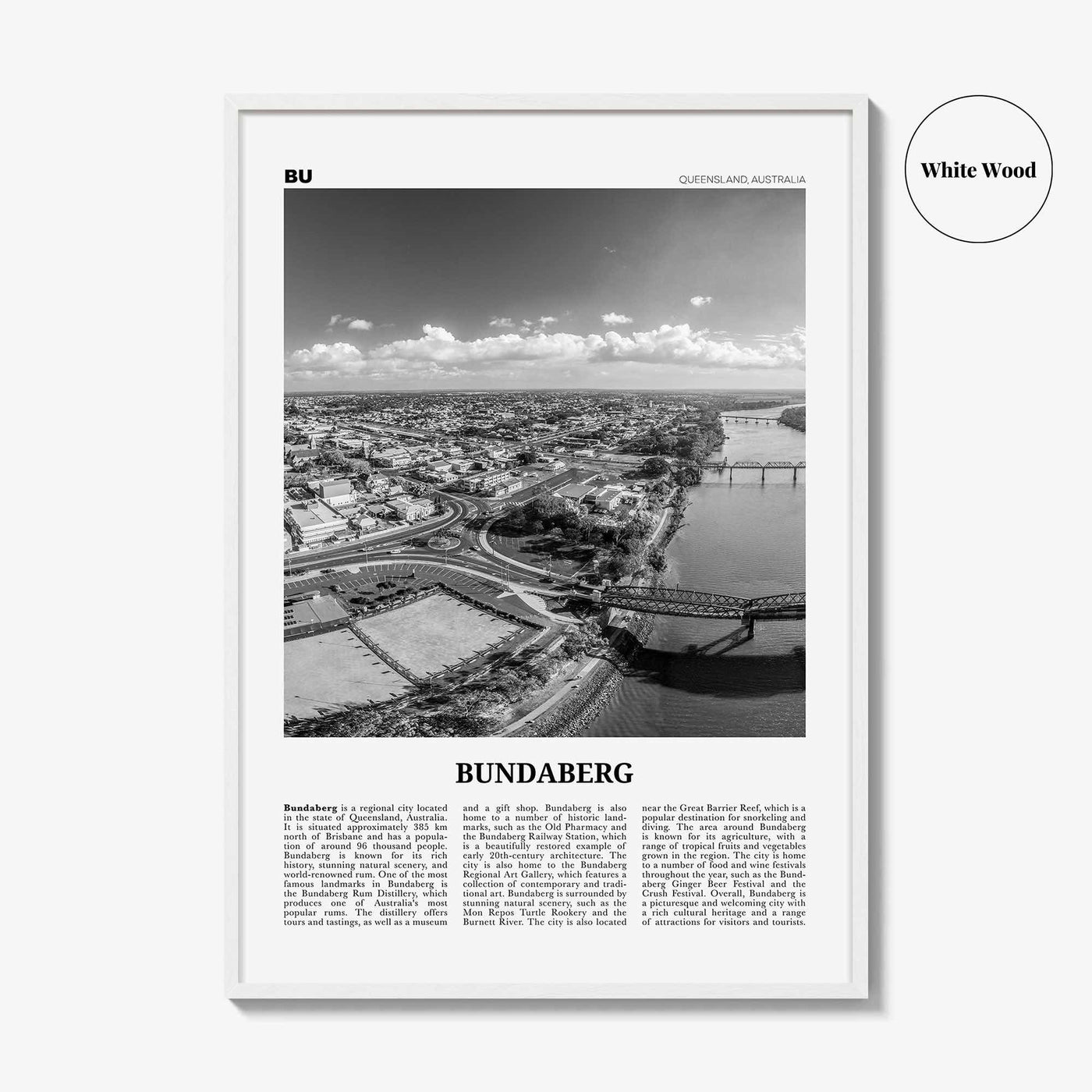 Bundaberg Print Black and White, Bundaberg Wall Art, Bundaberg Poster, Bundaberg Photo, Bundaberg Wall Décor, Bundaberg Map, Australia