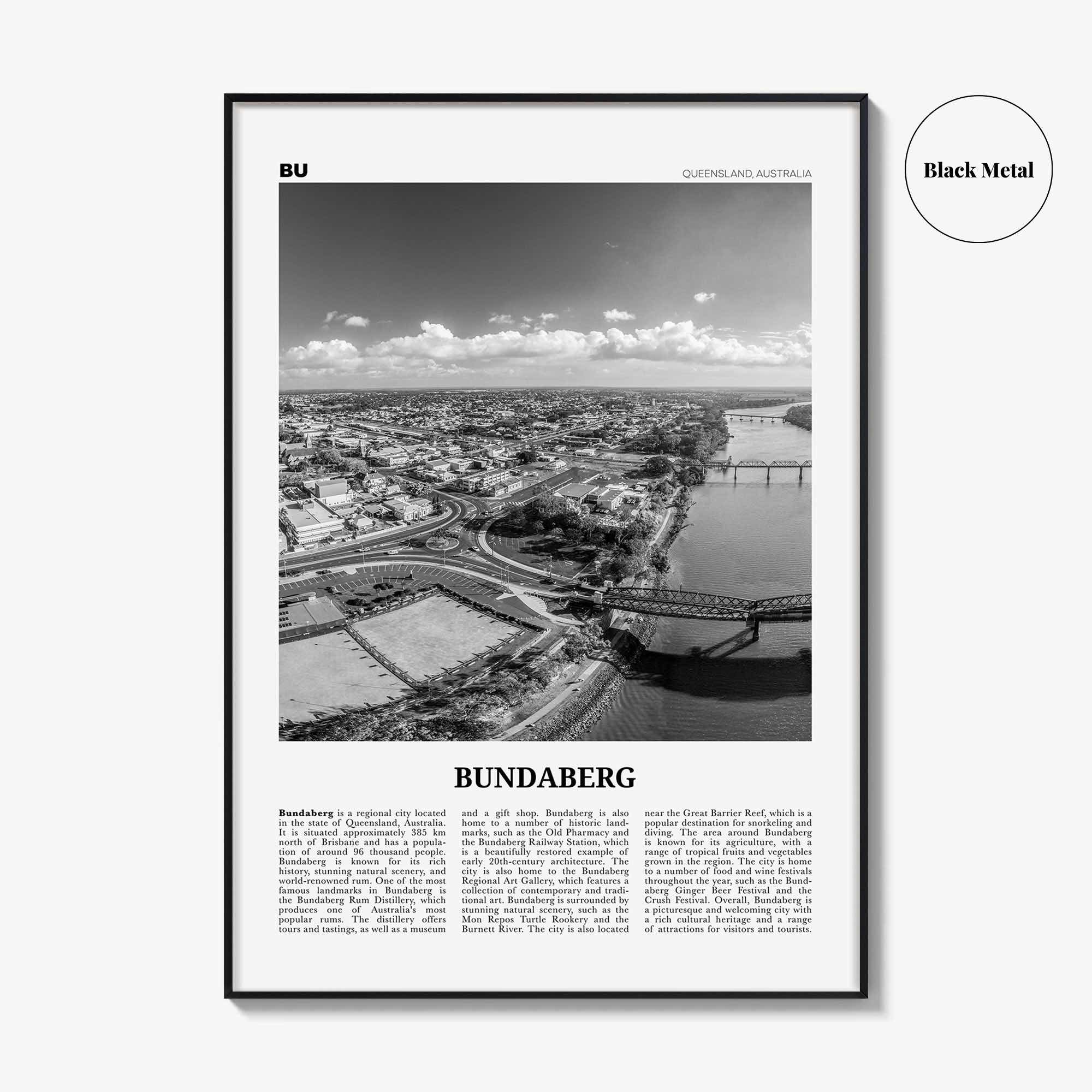 Bundaberg Print Black and White, Bundaberg Wall Art, Bundaberg Poster, Bundaberg Photo, Bundaberg Wall Décor, Bundaberg Map, Australia