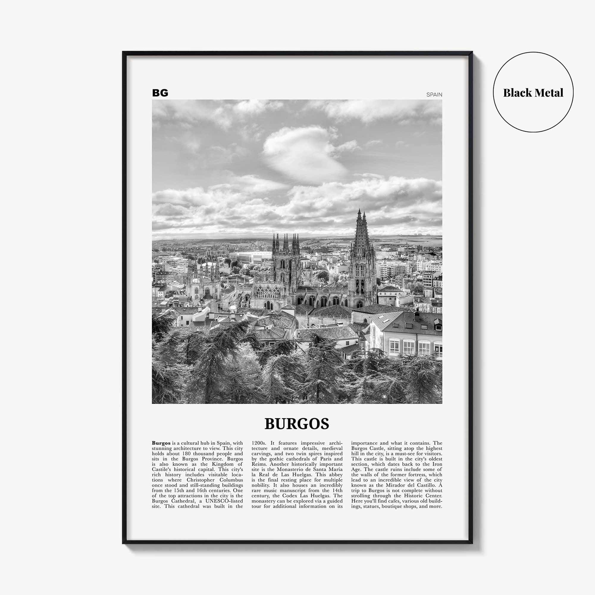 Burgos Print Black and White, Burgos Wall Art, Burgos Poster, Burgos Photo, Burgos Wall Décor, Burgos Map, Spain