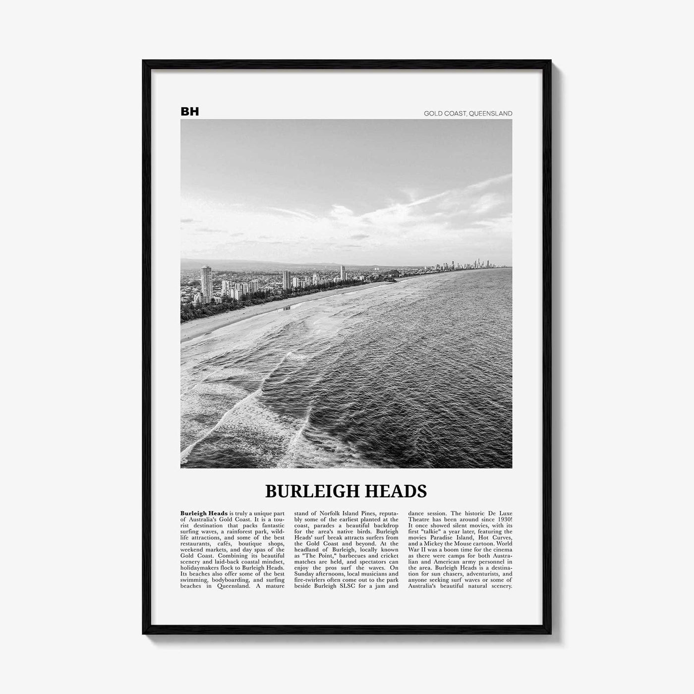 Burleigh Heads Print Black and White, Burleigh Heads Wall Art, Burleigh Heads Poster, Burleigh Heads Photo, Queensland, Australia
