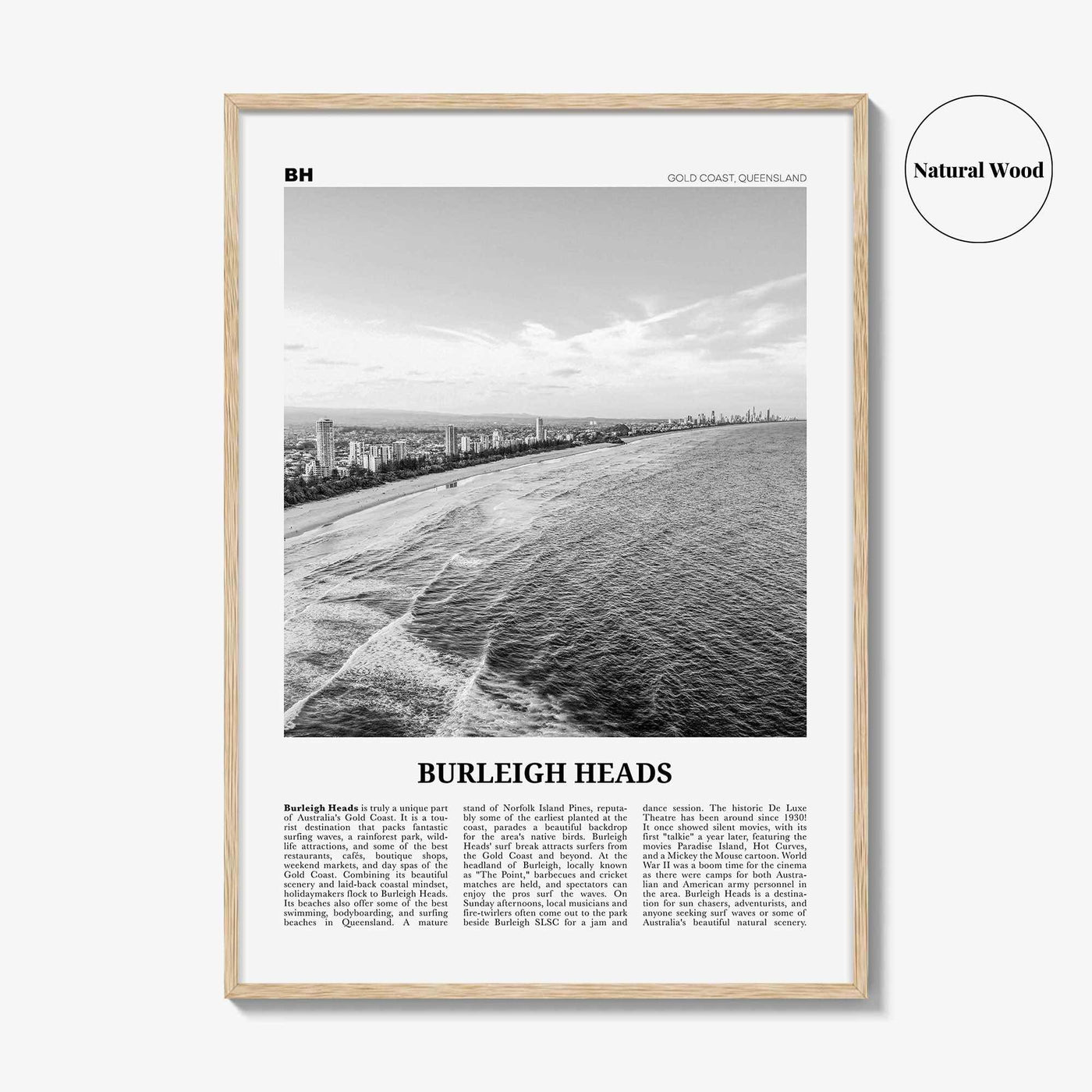 Burleigh Heads Print Black and White, Burleigh Heads Wall Art, Burleigh Heads Poster, Burleigh Heads Photo, Queensland, Australia
