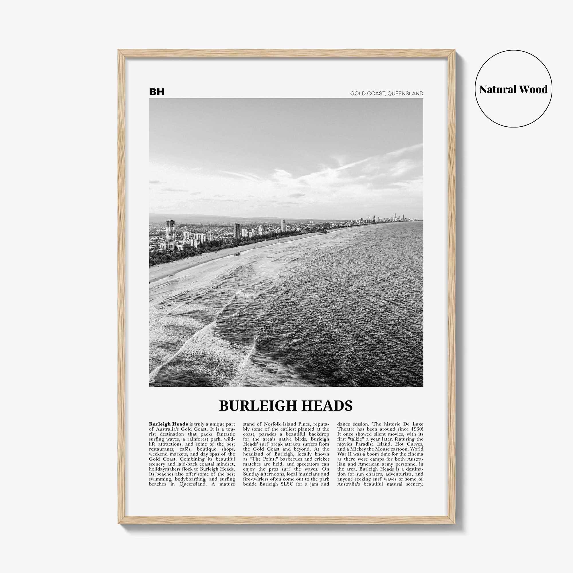 Burleigh Heads Print Black and White, Burleigh Heads Wall Art, Burleigh Heads Poster, Burleigh Heads Photo, Queensland, Australia