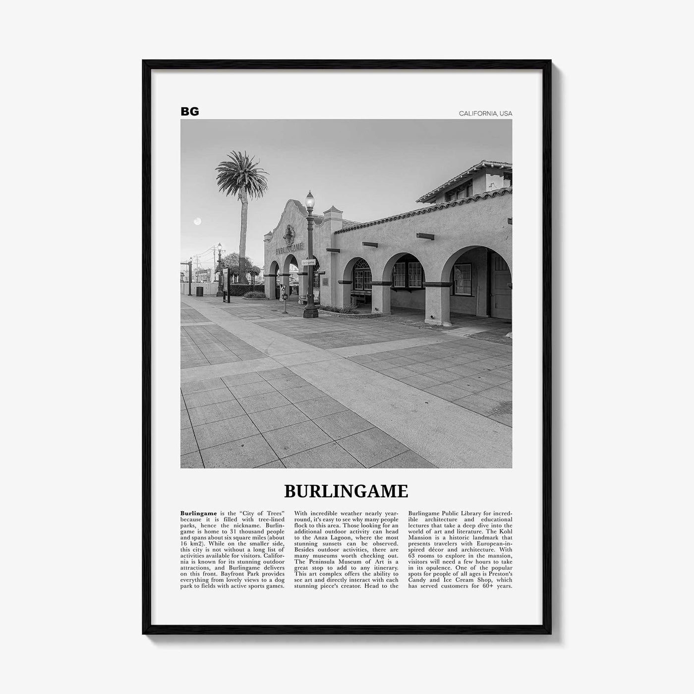 Burlingame Print Black and White, Burlingame Wall Art, Burlingame Poster, Burlingame Photo, Burlingame Décor, Burlingame Map, California USA