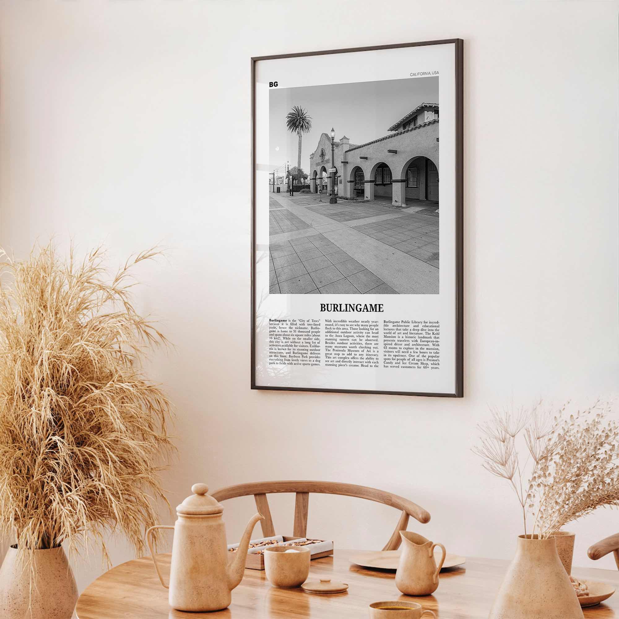 Burlingame Print Black and White, Burlingame Wall Art, Burlingame Poster, Burlingame Photo, Burlingame Décor, Burlingame Map, California USA