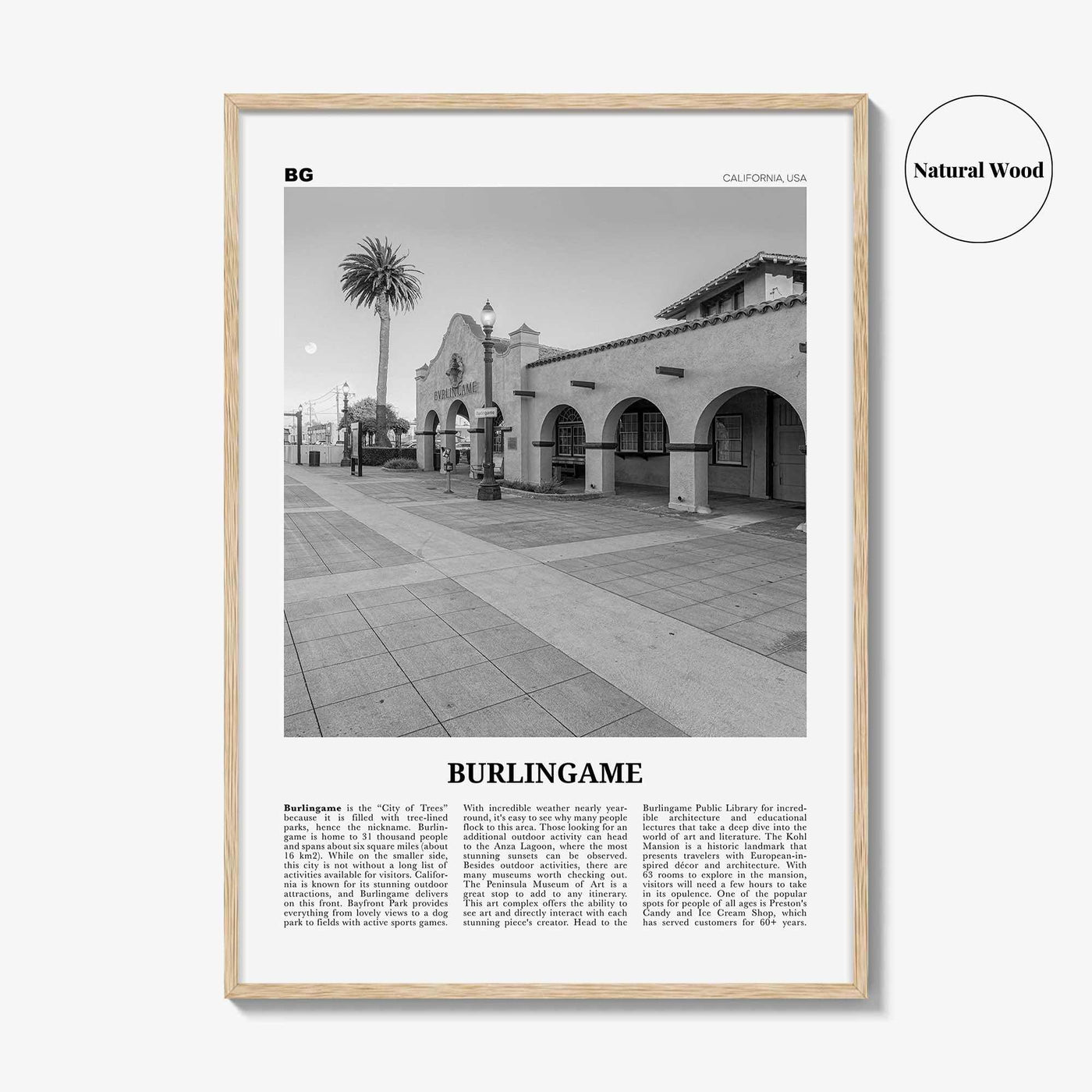 Burlingame Print Black and White, Burlingame Wall Art, Burlingame Poster, Burlingame Photo, Burlingame Décor, Burlingame Map, California USA