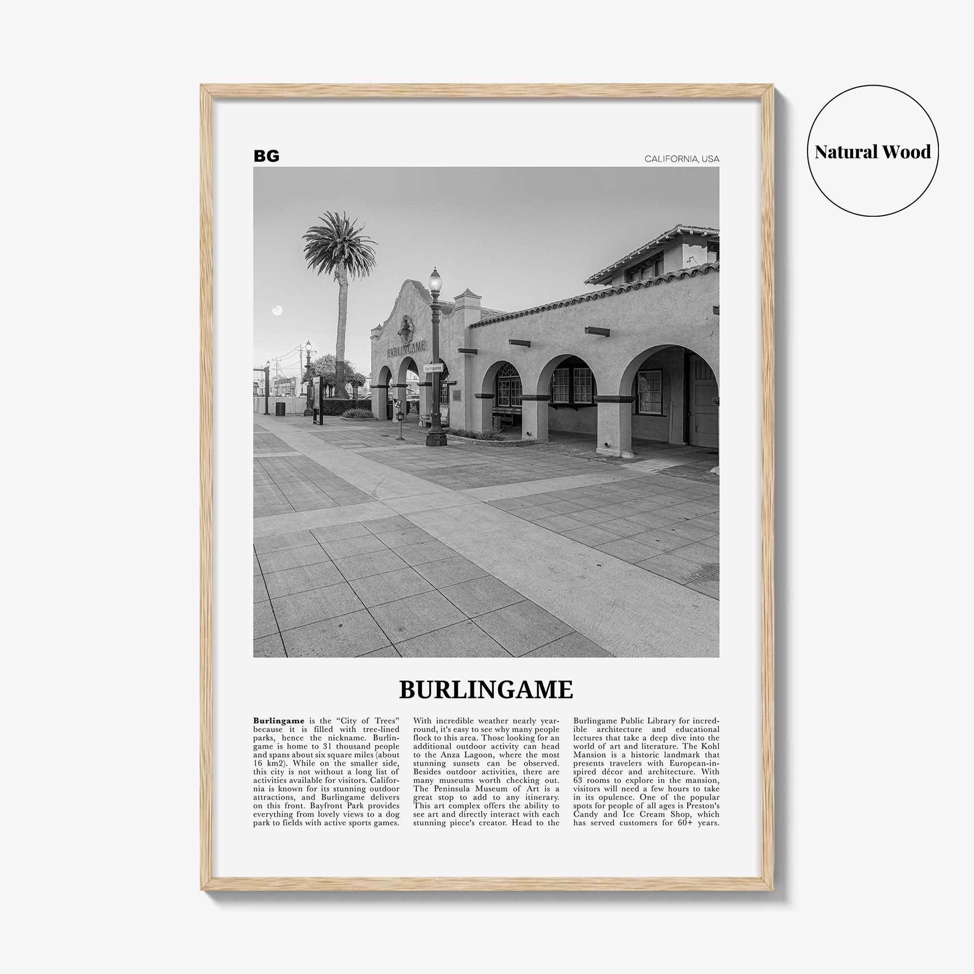 Burlingame Print Black and White, Burlingame Wall Art, Burlingame Poster, Burlingame Photo, Burlingame Décor, Burlingame Map, California USA