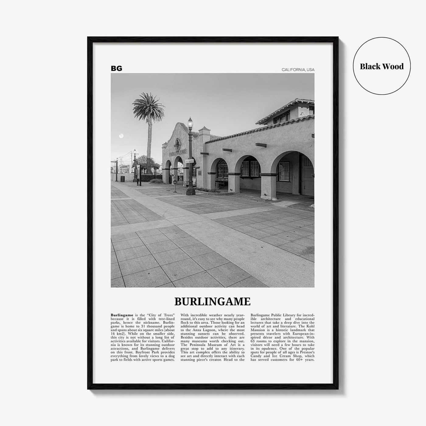 Burlingame Print Black and White, Burlingame Wall Art, Burlingame Poster, Burlingame Photo, Burlingame Décor, Burlingame Map, California USA