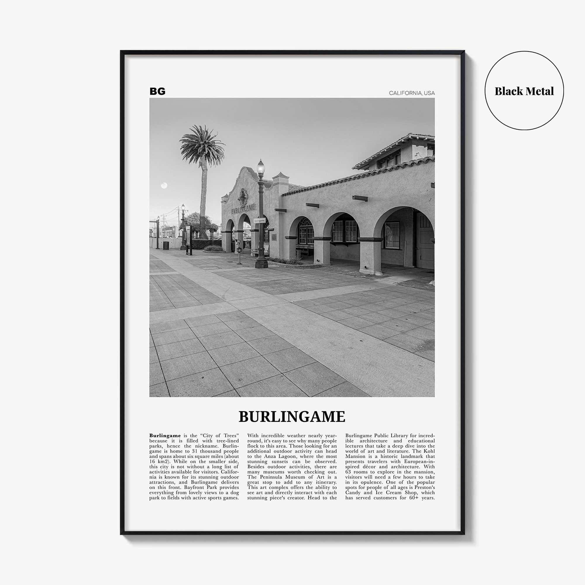 Burlingame Print Black and White, Burlingame Wall Art, Burlingame Poster, Burlingame Photo, Burlingame Décor, Burlingame Map, California USA