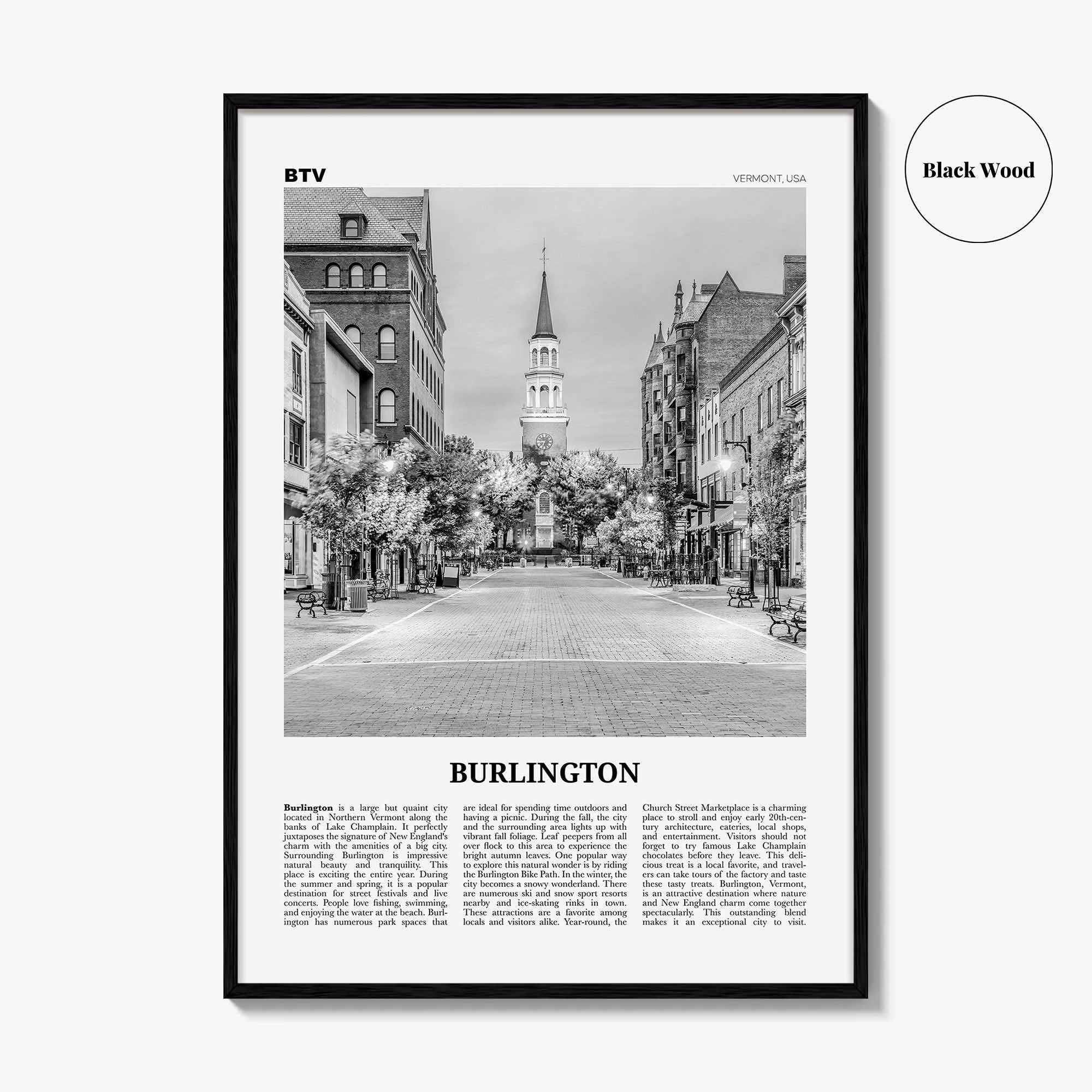 Burlington Print Black and White Vermont, Burlington Wall Art, Burlington Poster, Burlington Photo, Burlington Décor, USA, United States
