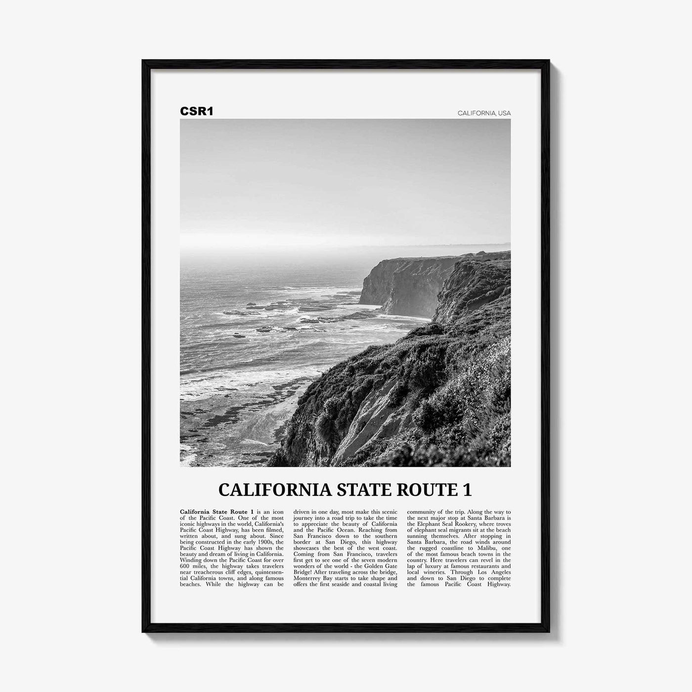 California State Route 1 Print Black and White, California State Route 1 Wall Art, State Route 1 Poster, California Pacific Coast Highway
