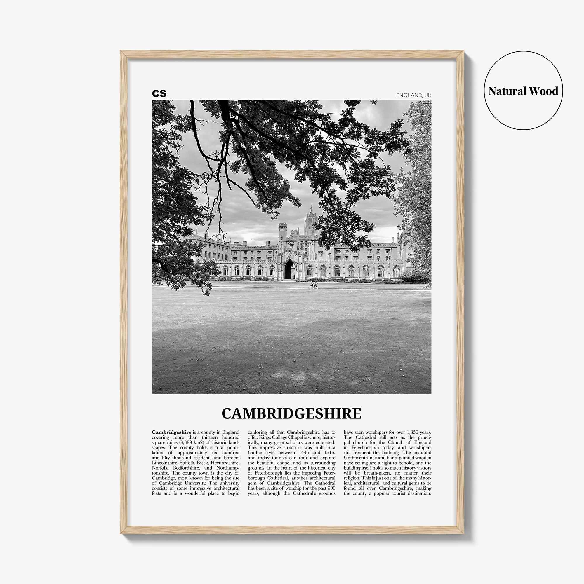 Cambridgeshire Print Black and White, Cambridgeshire Wall Art, Cambridgeshire Poster, Cambridgeshire Photo, Cambridgeshire Map, England