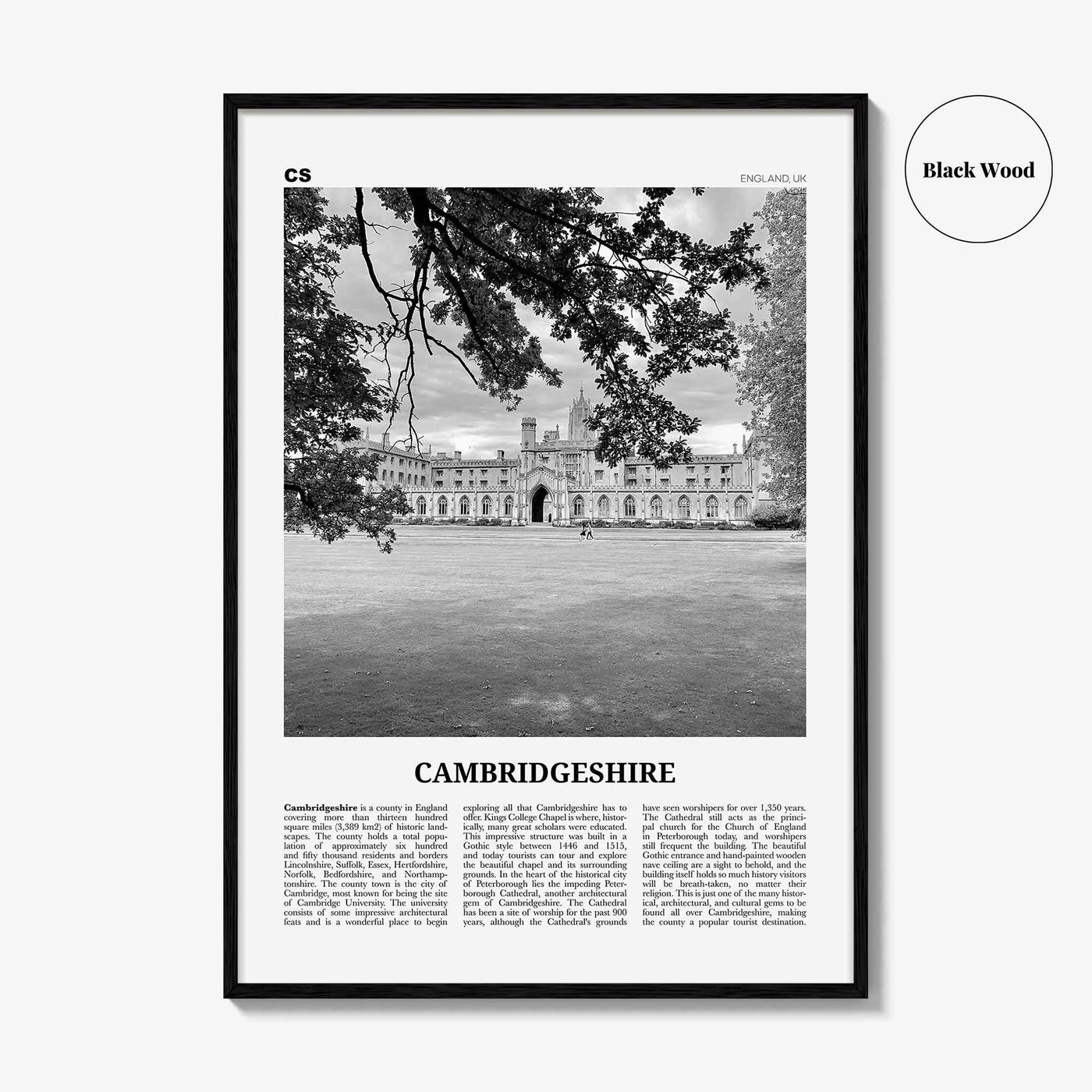 Cambridgeshire Print Black and White, Cambridgeshire Wall Art, Cambridgeshire Poster, Cambridgeshire Photo, Cambridgeshire Map, England