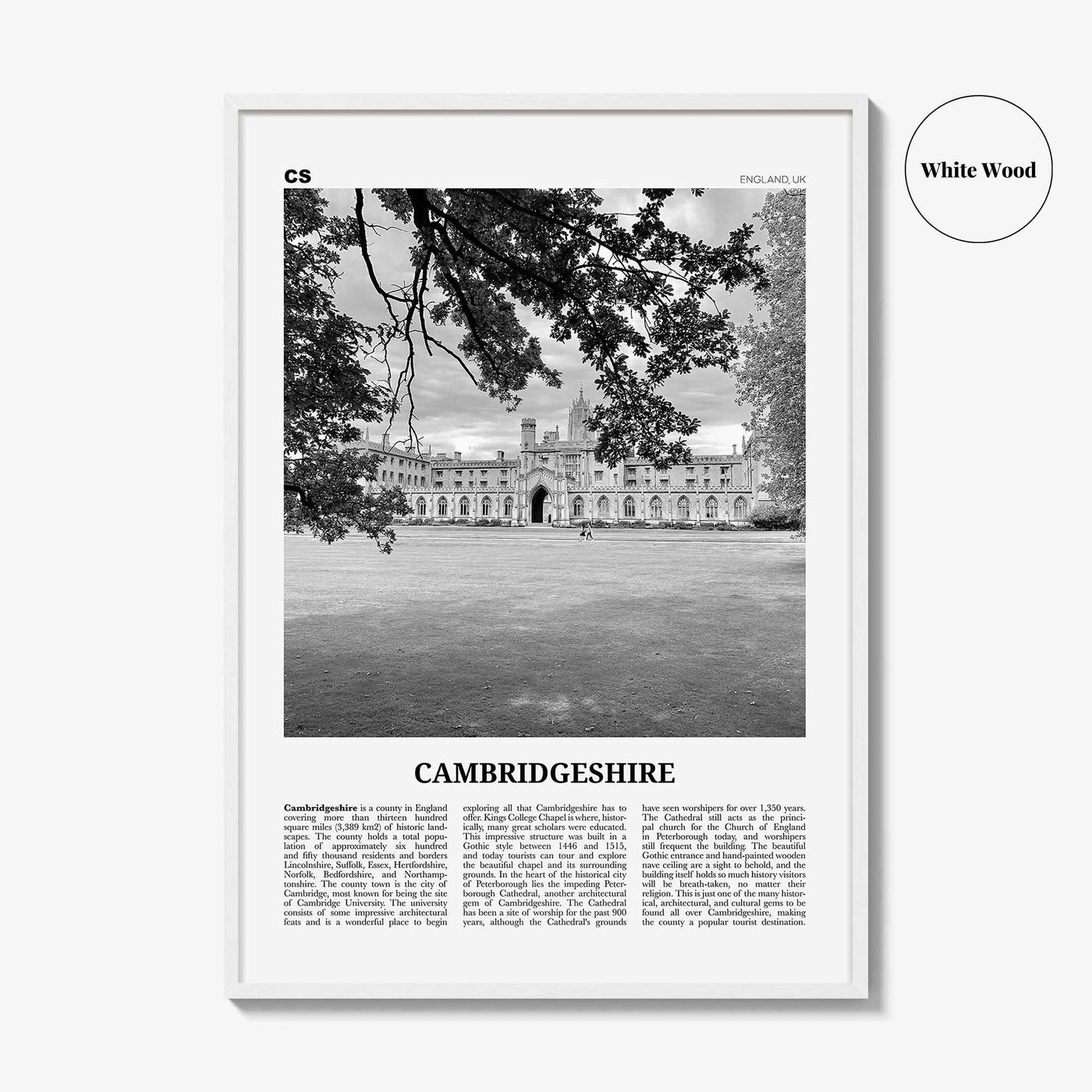 Cambridgeshire Print Black and White, Cambridgeshire Wall Art, Cambridgeshire Poster, Cambridgeshire Photo, Cambridgeshire Map, England