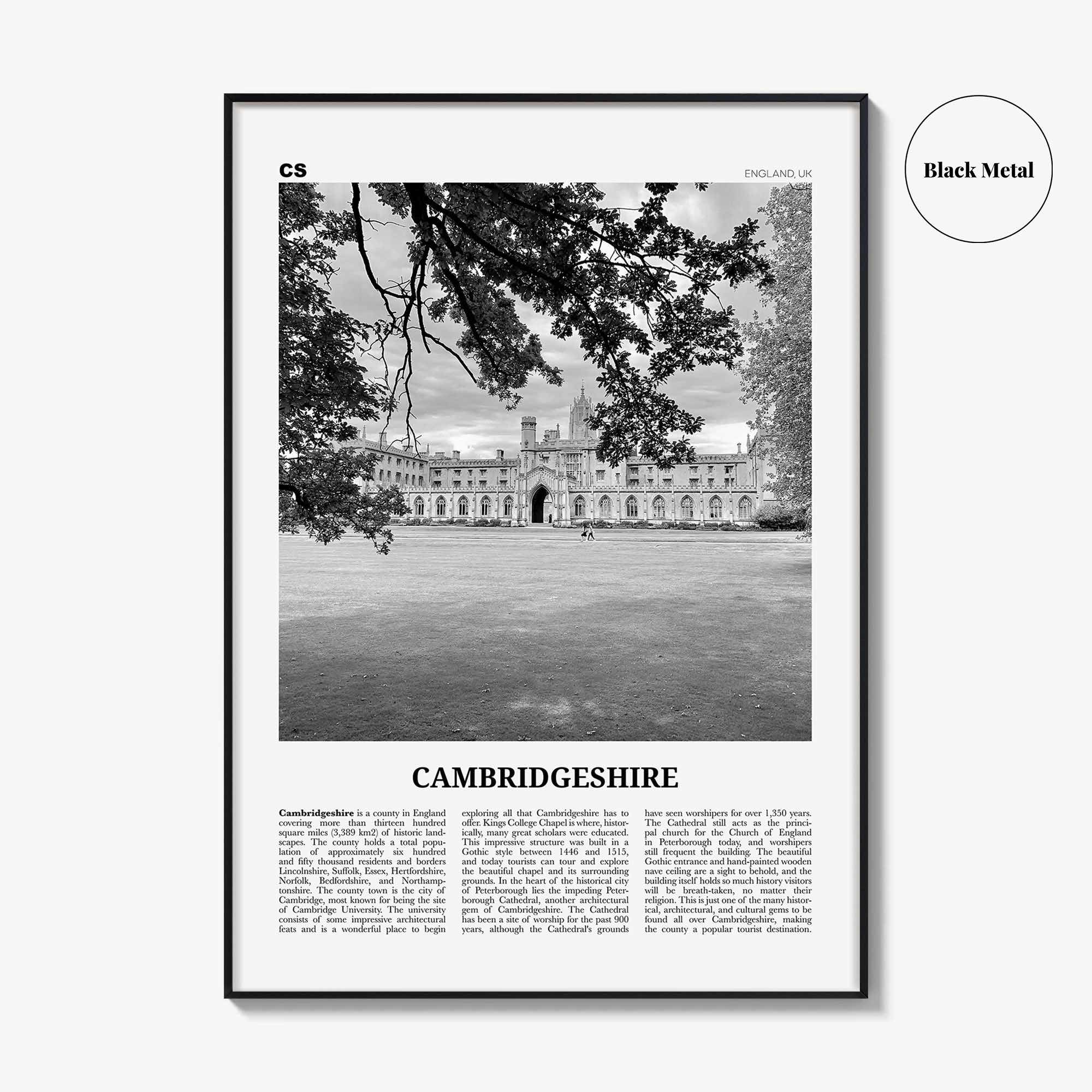 Cambridgeshire Print Black and White, Cambridgeshire Wall Art, Cambridgeshire Poster, Cambridgeshire Photo, Cambridgeshire Map, England