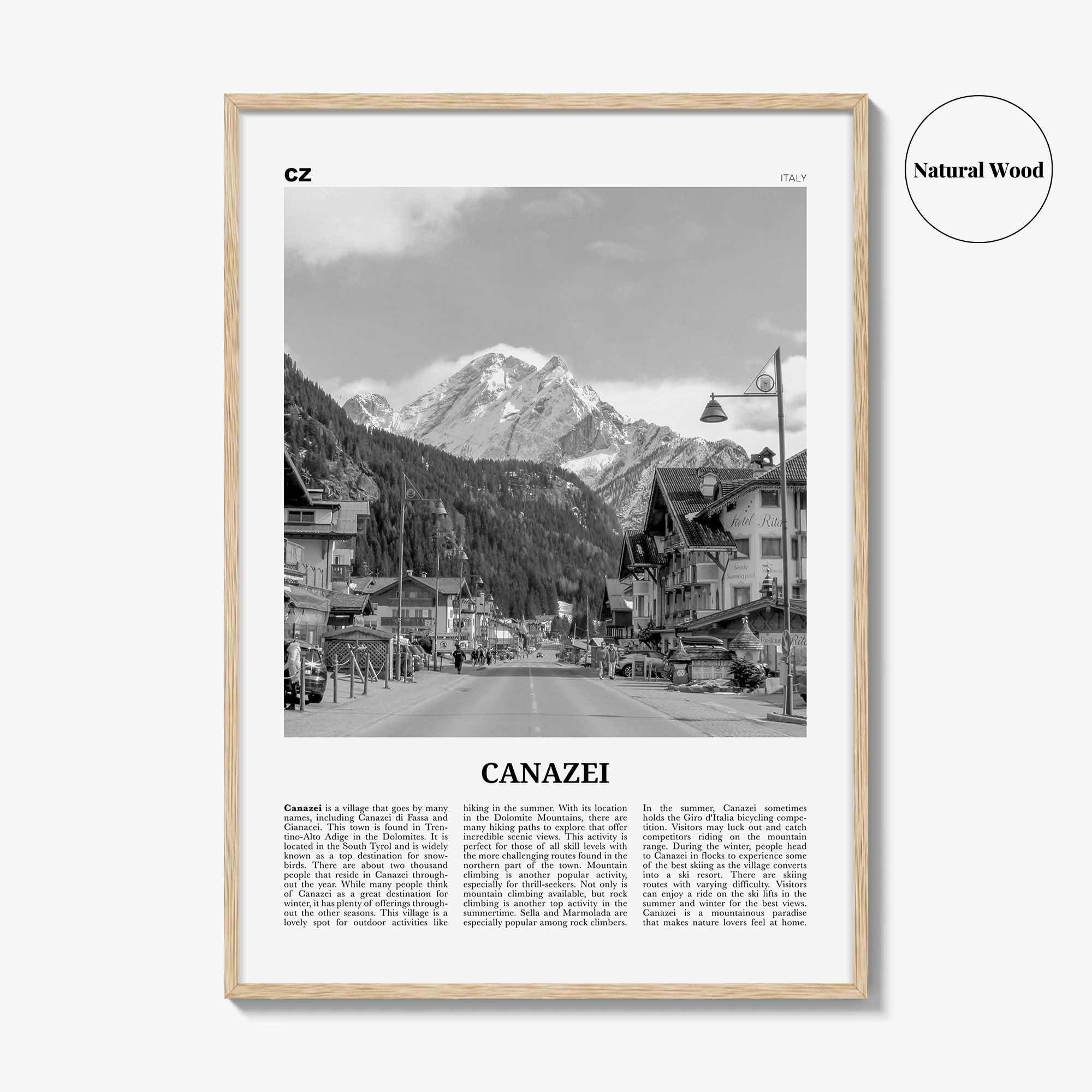 Canazei Print Black and White, Canazei Wall Art, Canazei Poster, Canazei Photo, Canazei Wall Décor, Canazei Map, Italy