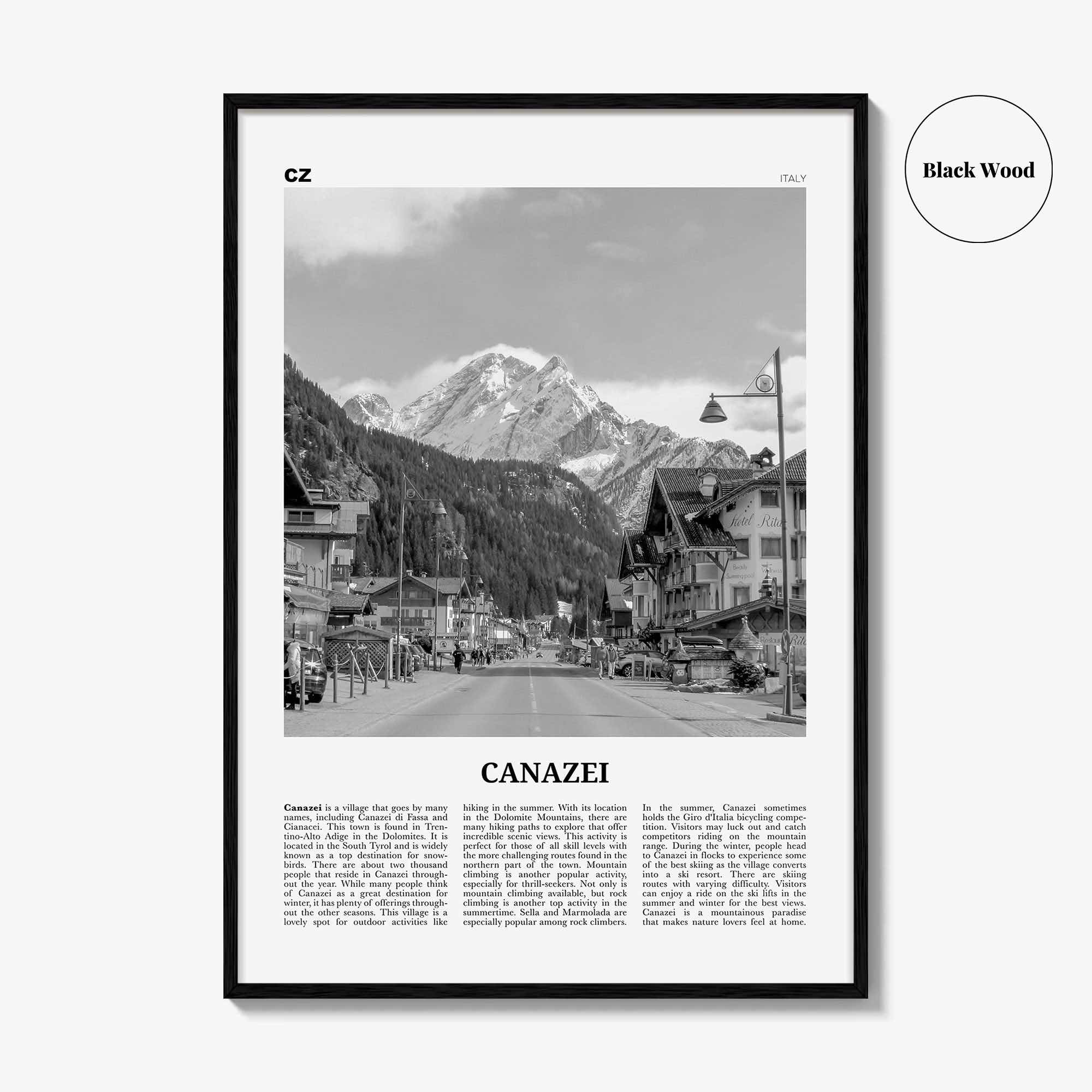 Canazei Print Black and White, Canazei Wall Art, Canazei Poster, Canazei Photo, Canazei Wall Décor, Canazei Map, Italy