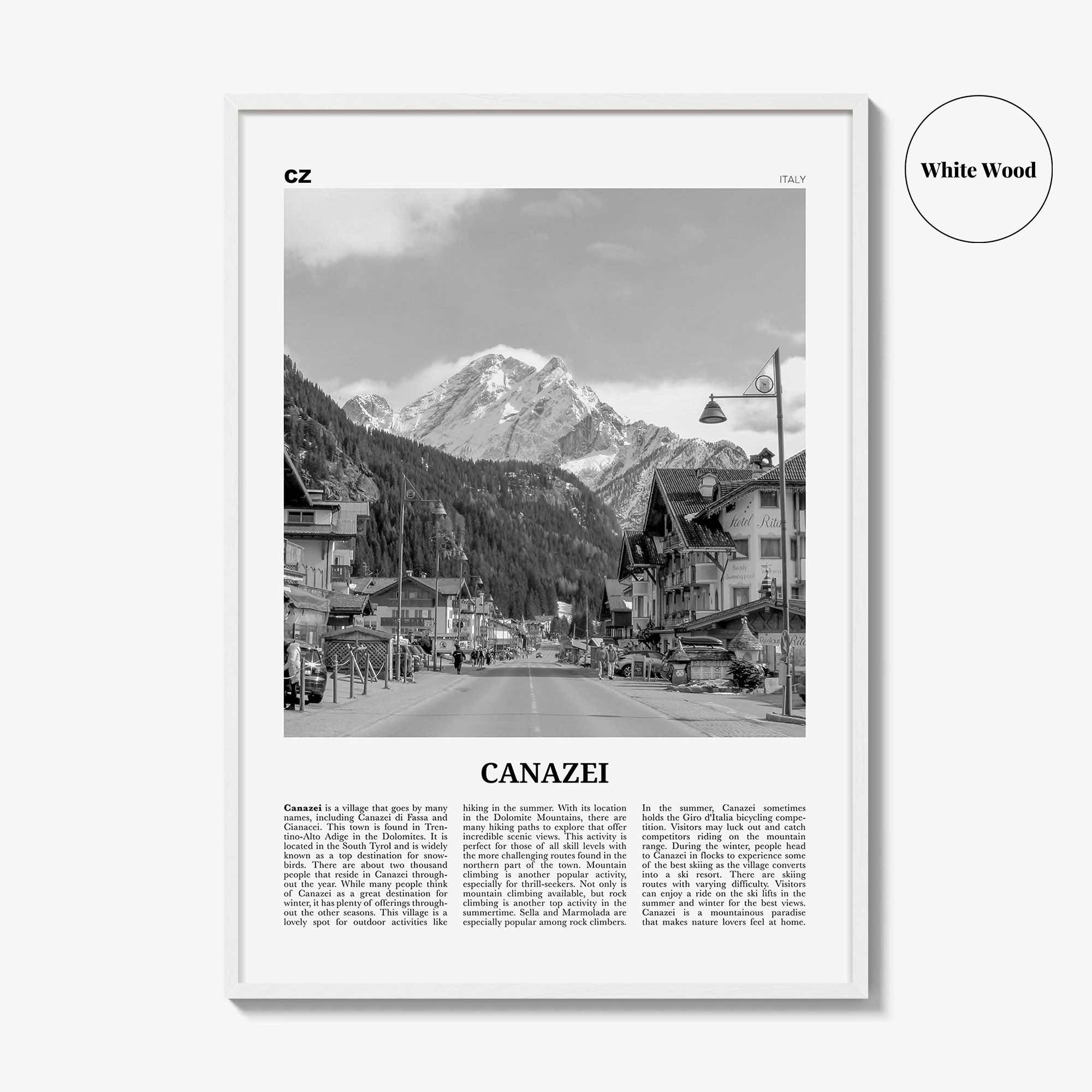 Canazei Print Black and White, Canazei Wall Art, Canazei Poster, Canazei Photo, Canazei Wall Décor, Canazei Map, Italy