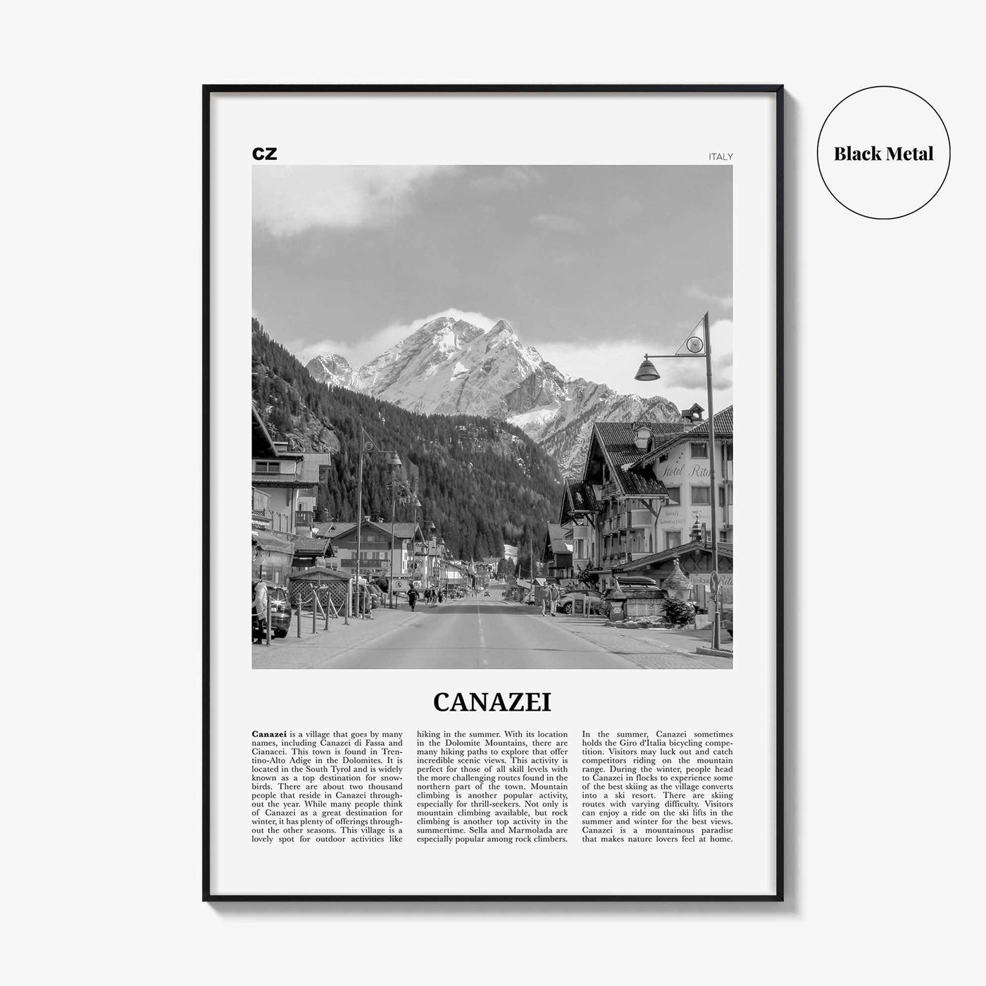 Canazei Print Black and White, Canazei Wall Art, Canazei Poster, Canazei Photo, Canazei Wall Décor, Canazei Map, Italy