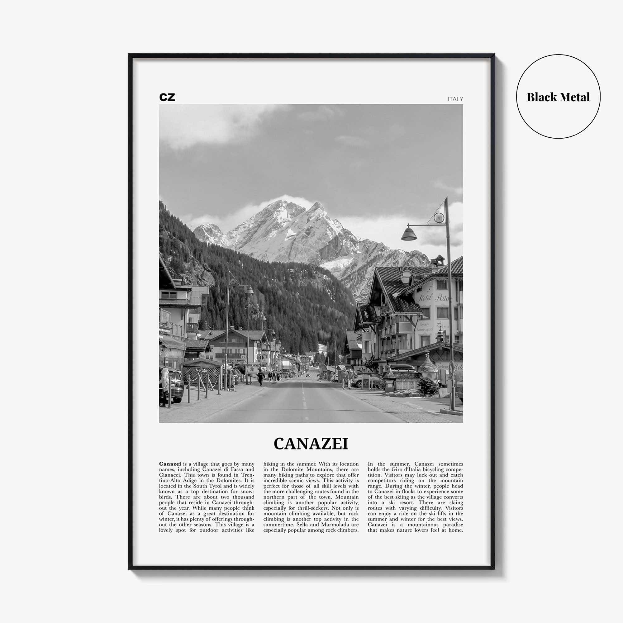 Canazei Print Black and White, Canazei Wall Art, Canazei Poster, Canazei Photo, Canazei Wall Décor, Canazei Map, Italy