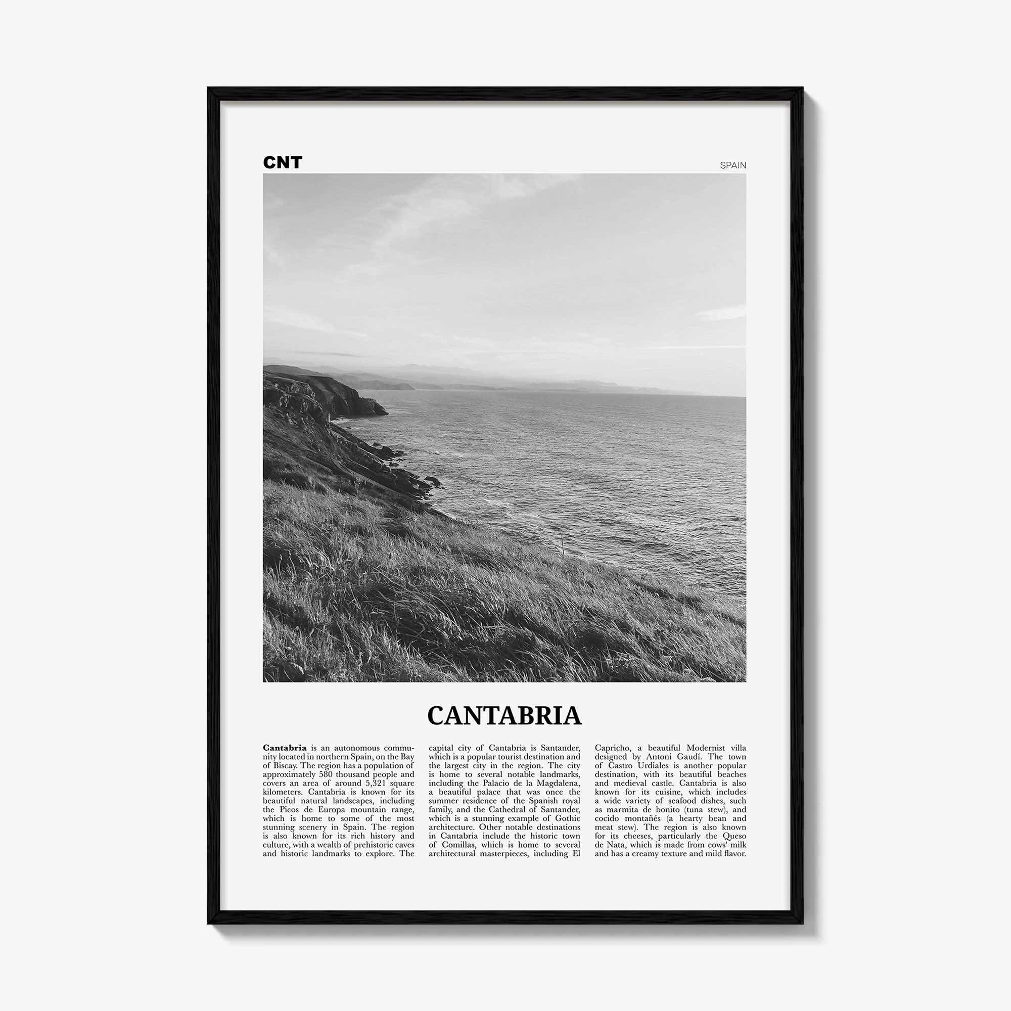 Cantabria Print Black and White, Cantabria Wall Art, Cantabria Poster, Cantabria Photo, Cantabria Wall Décor, Cantabria Map, Spain