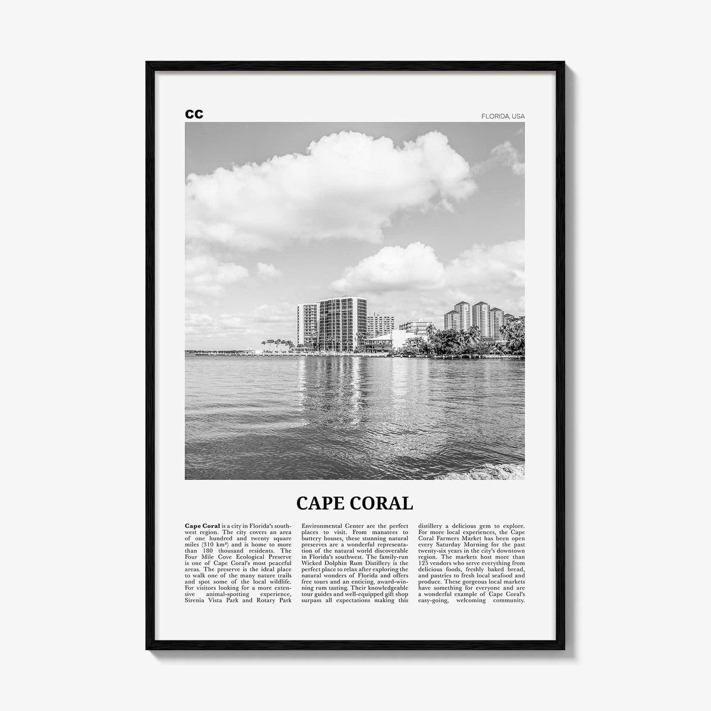 Cape Coral Print Black and White, Cape Coral Wall Art, Cape Coral Poster, Cape Coral Photo, Cape Coral Map, Florida, USA, United States