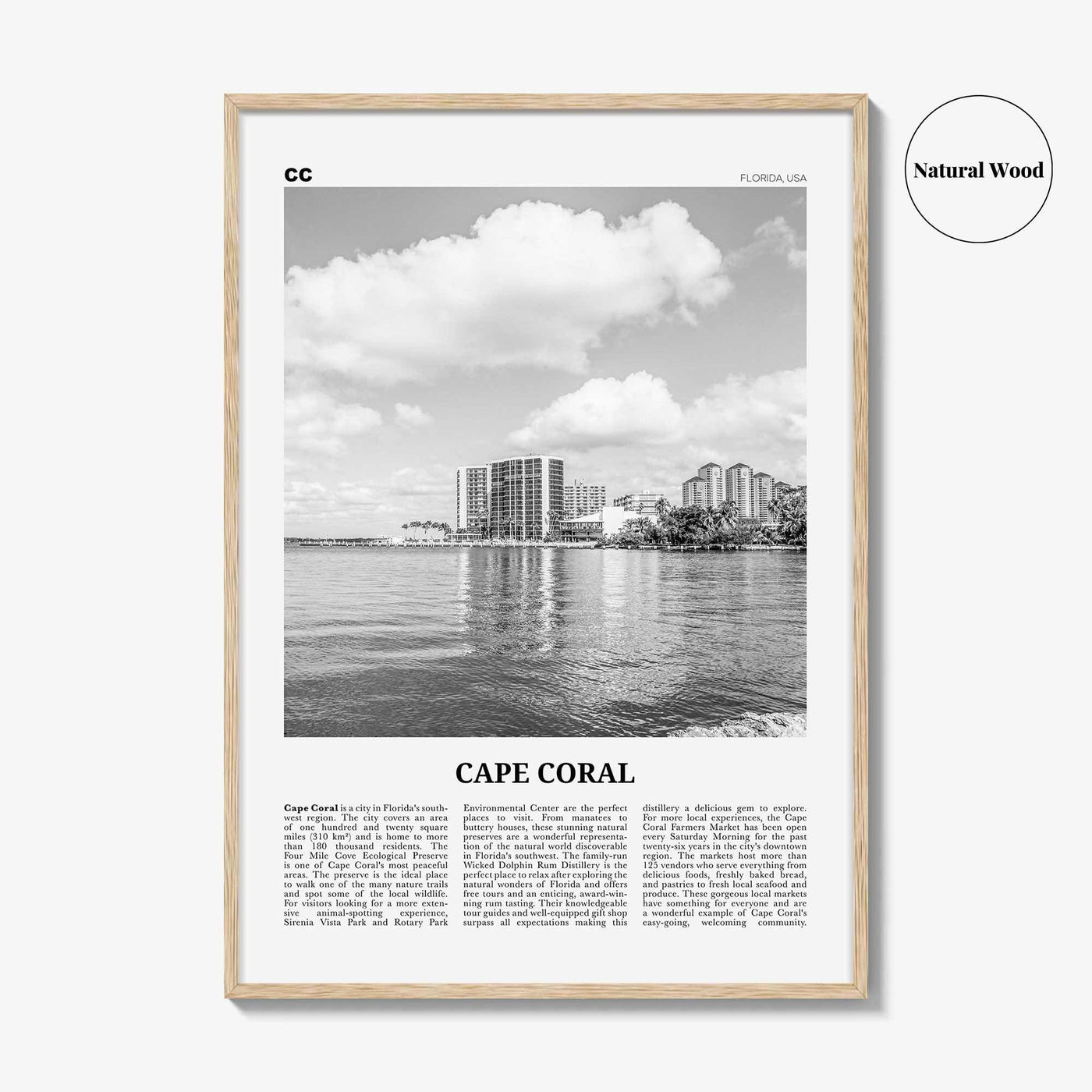 Cape Coral Print Black and White, Cape Coral Wall Art, Cape Coral Poster, Cape Coral Photo, Cape Coral Map, Florida, USA, United States