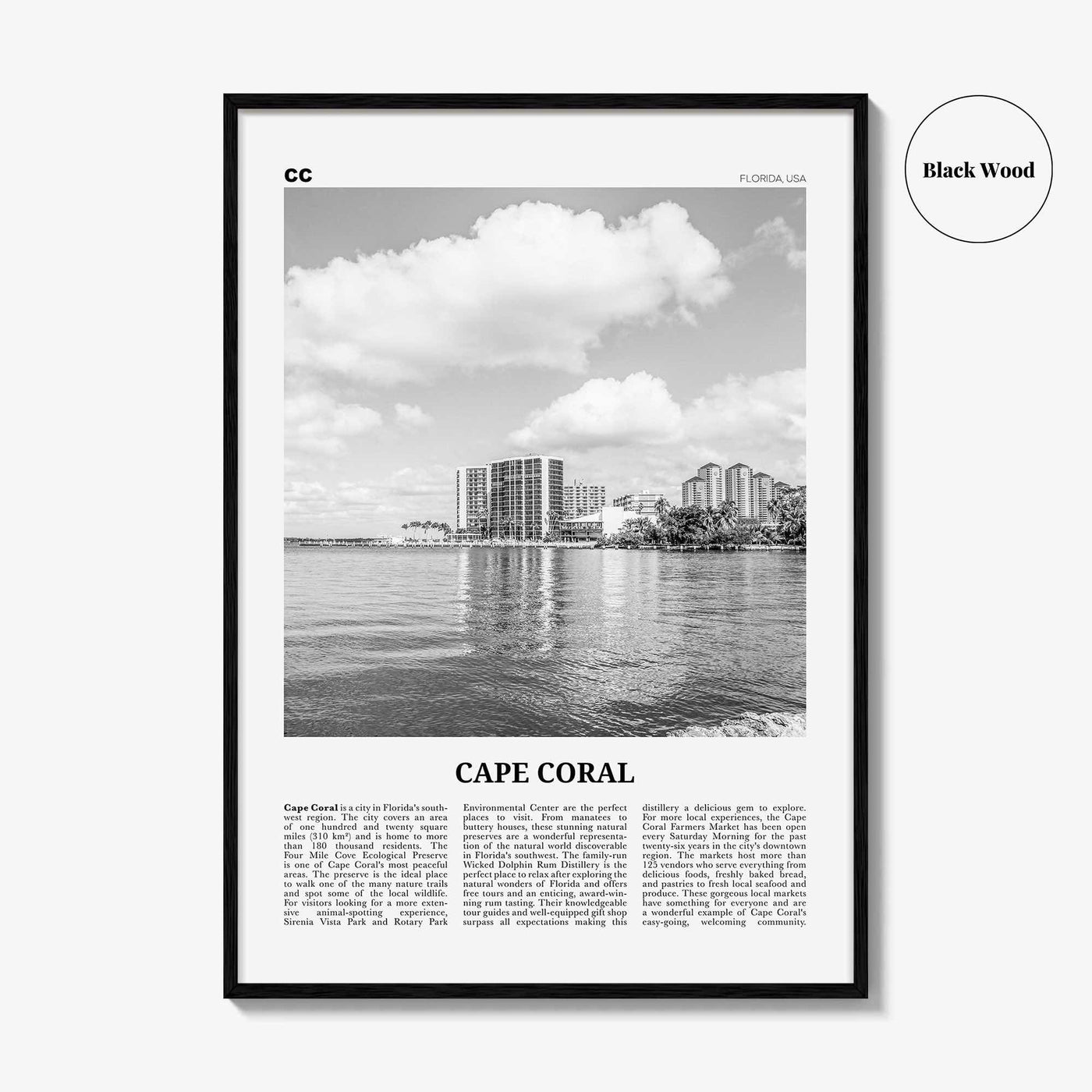 Cape Coral Print Black and White, Cape Coral Wall Art, Cape Coral Poster, Cape Coral Photo, Cape Coral Map, Florida, USA, United States