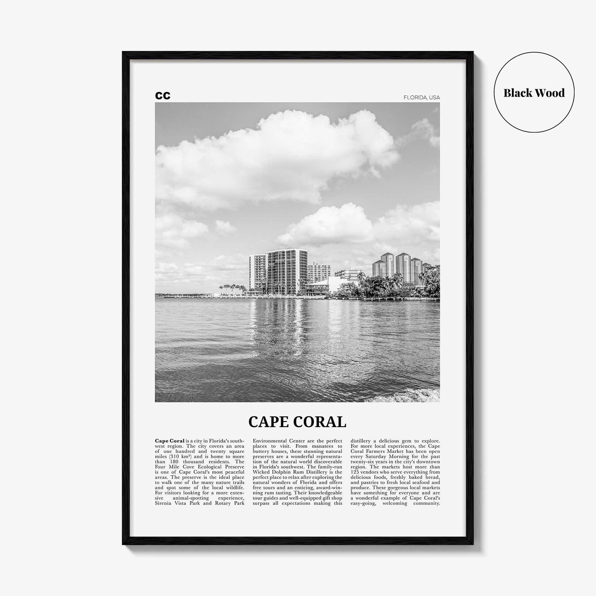 Cape Coral Print Black and White, Cape Coral Wall Art, Cape Coral Poster, Cape Coral Photo, Cape Coral Map, Florida, USA, United States